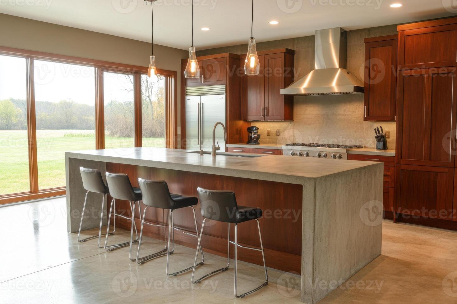 Modern kitchen with wooden cabinets and a spacious island, featuring stools and large windows. photo