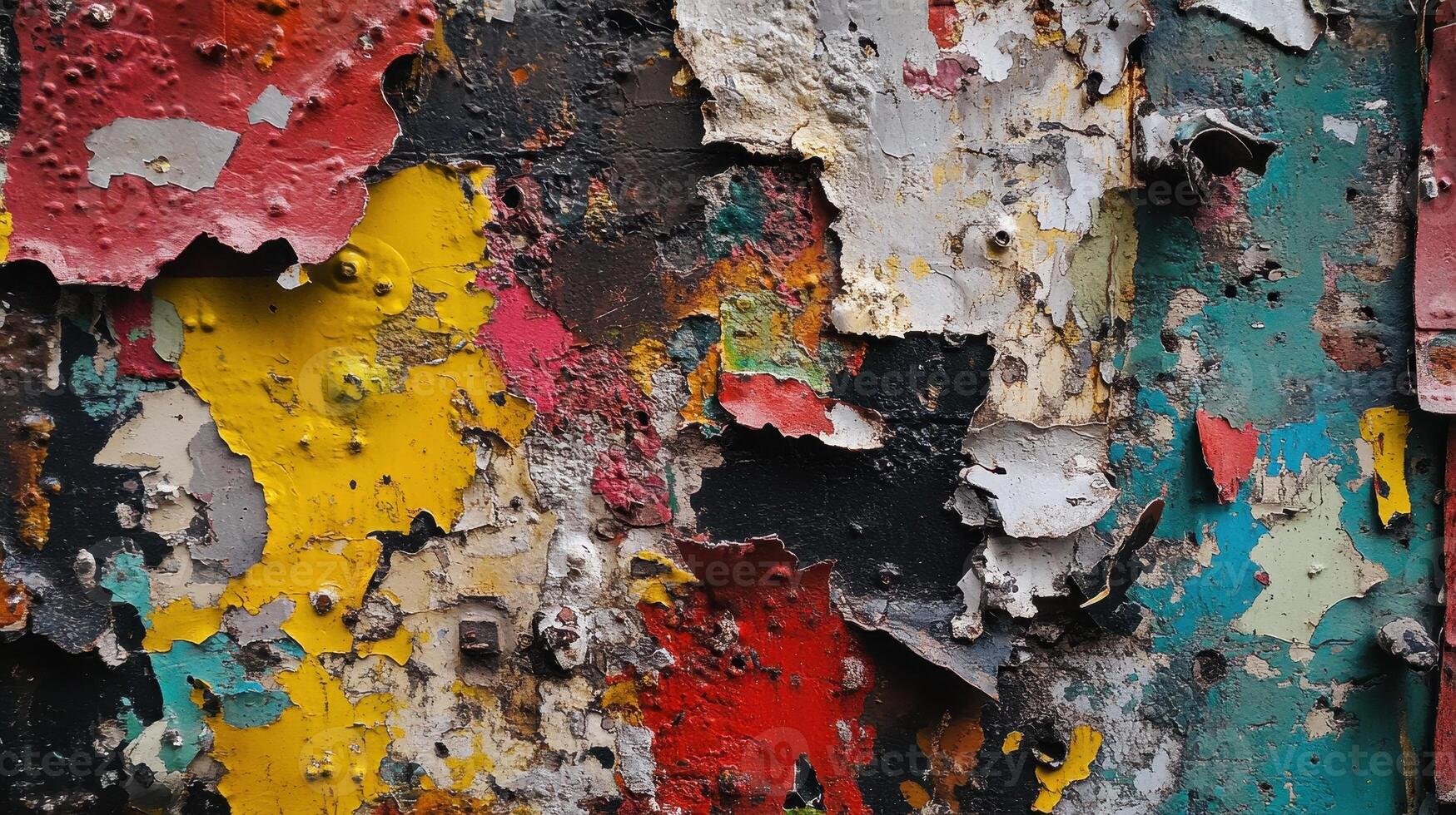 A close-up of a weathered surface with peeling paint in vibrant colors and textures. photo