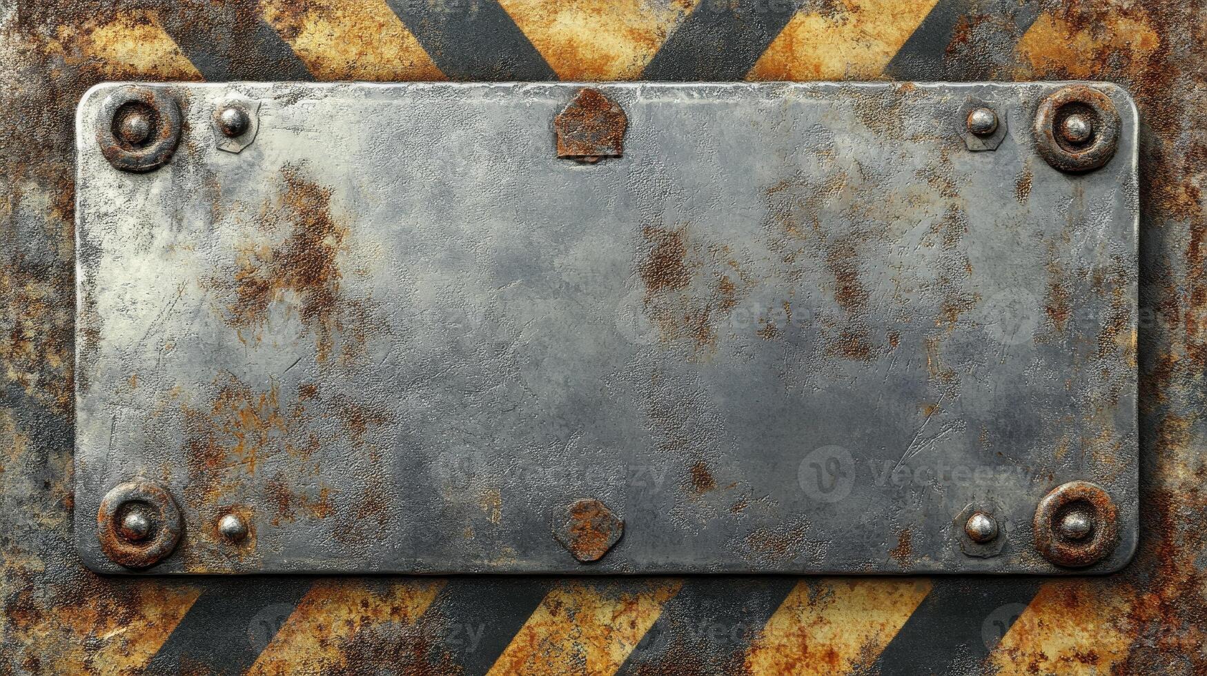 A weathered metal plate with rust and bolts, set against a caution-striped background. photo