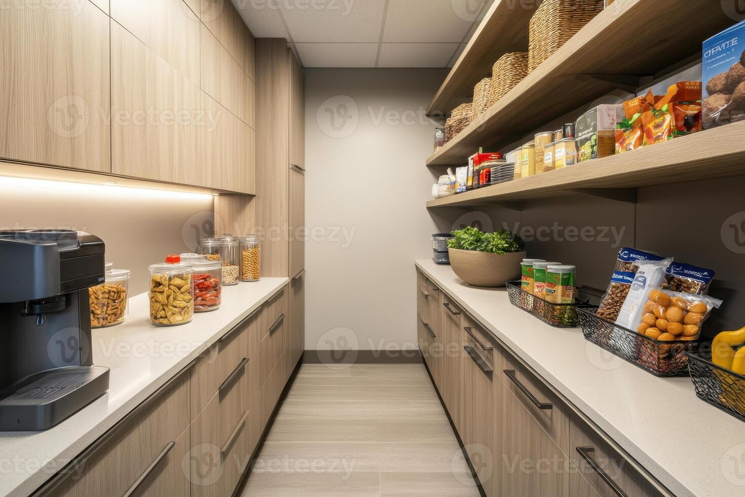 Modern pantry with organized shelves and a coffee machine for snacks and drinks. photo
