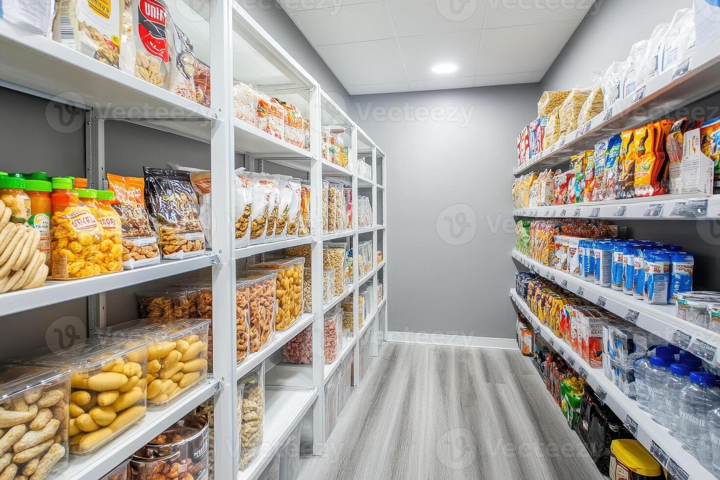 A well-organized pantry showcasing various snacks and beverages on shelves. photo