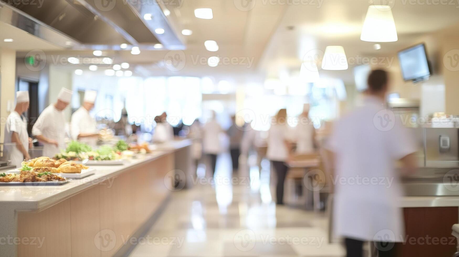 A busy kitchen with chefs preparing food and serving customers in a restaurant setting. photo