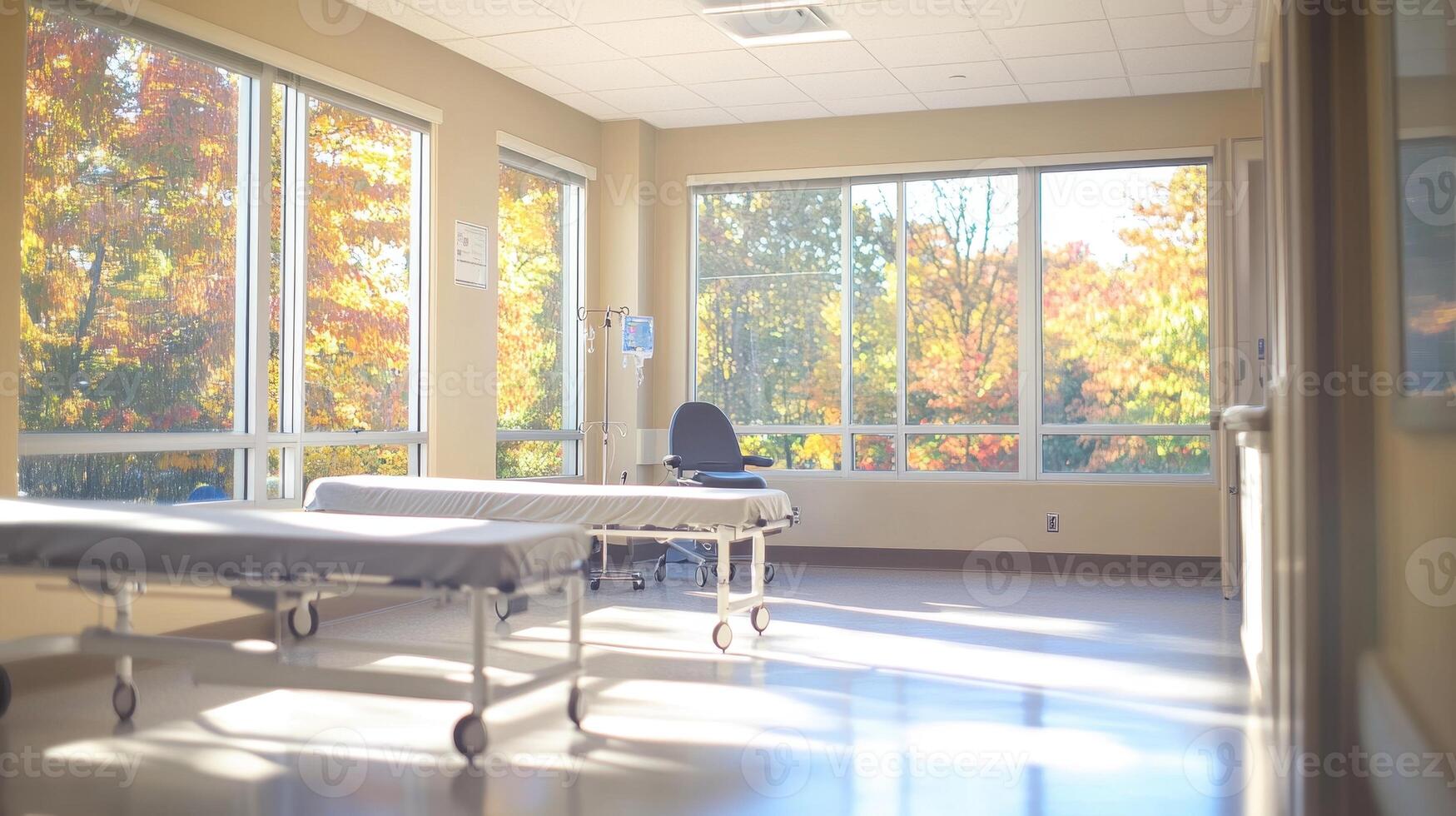 Bright hospital room with two beds and a chair, featuring large windows and autumn scenery. photo