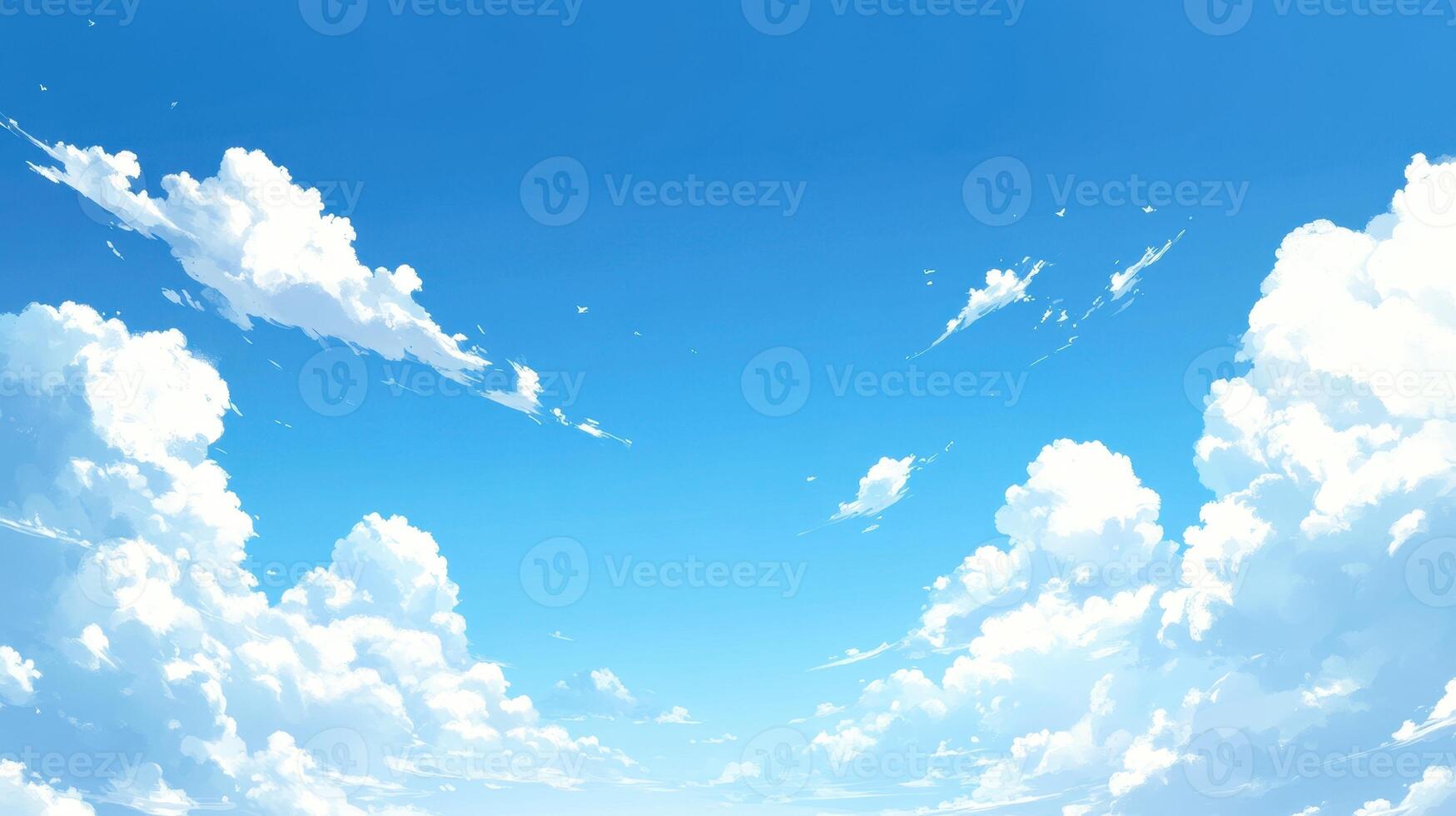 A clear blue sky filled with fluffy white clouds, evoking a sense of tranquility and openness. photo