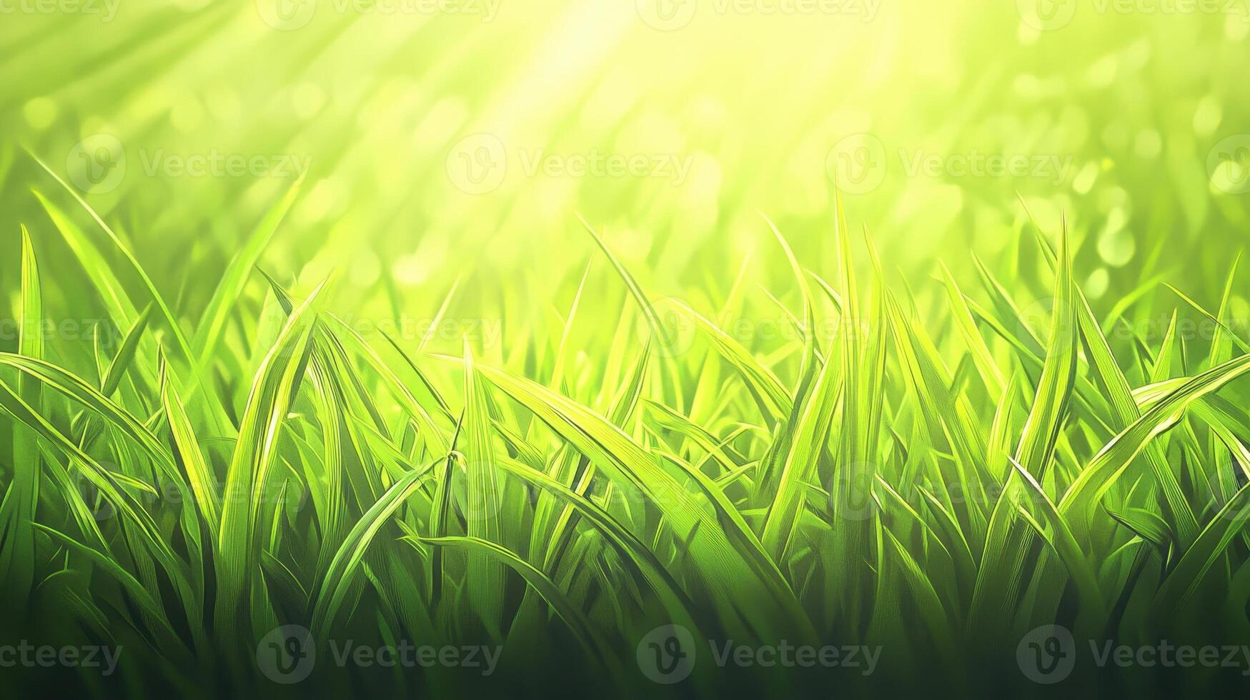 Lush green grass illuminated by soft sunlight, creating a serene and natural atmosphere. photo