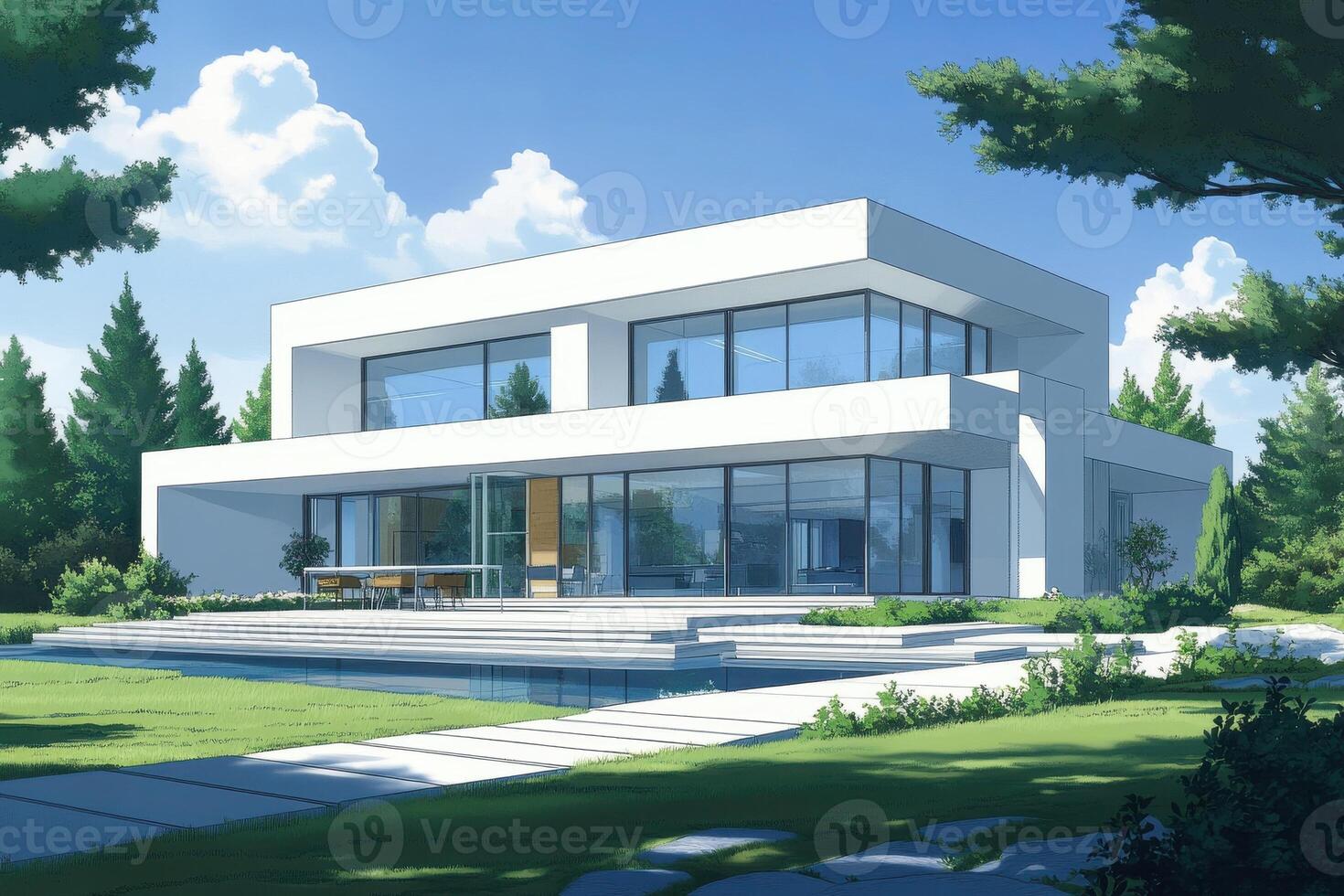 Modern architectural house surrounded by greenery and a serene landscape. photo