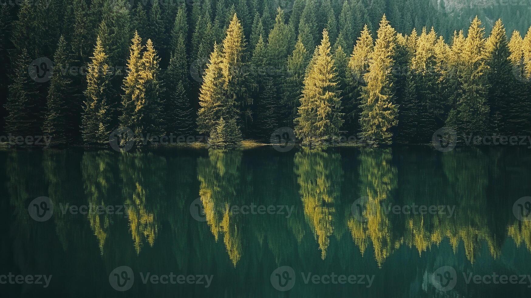 Serene forest landscape with pine trees reflecting in calm water. photo