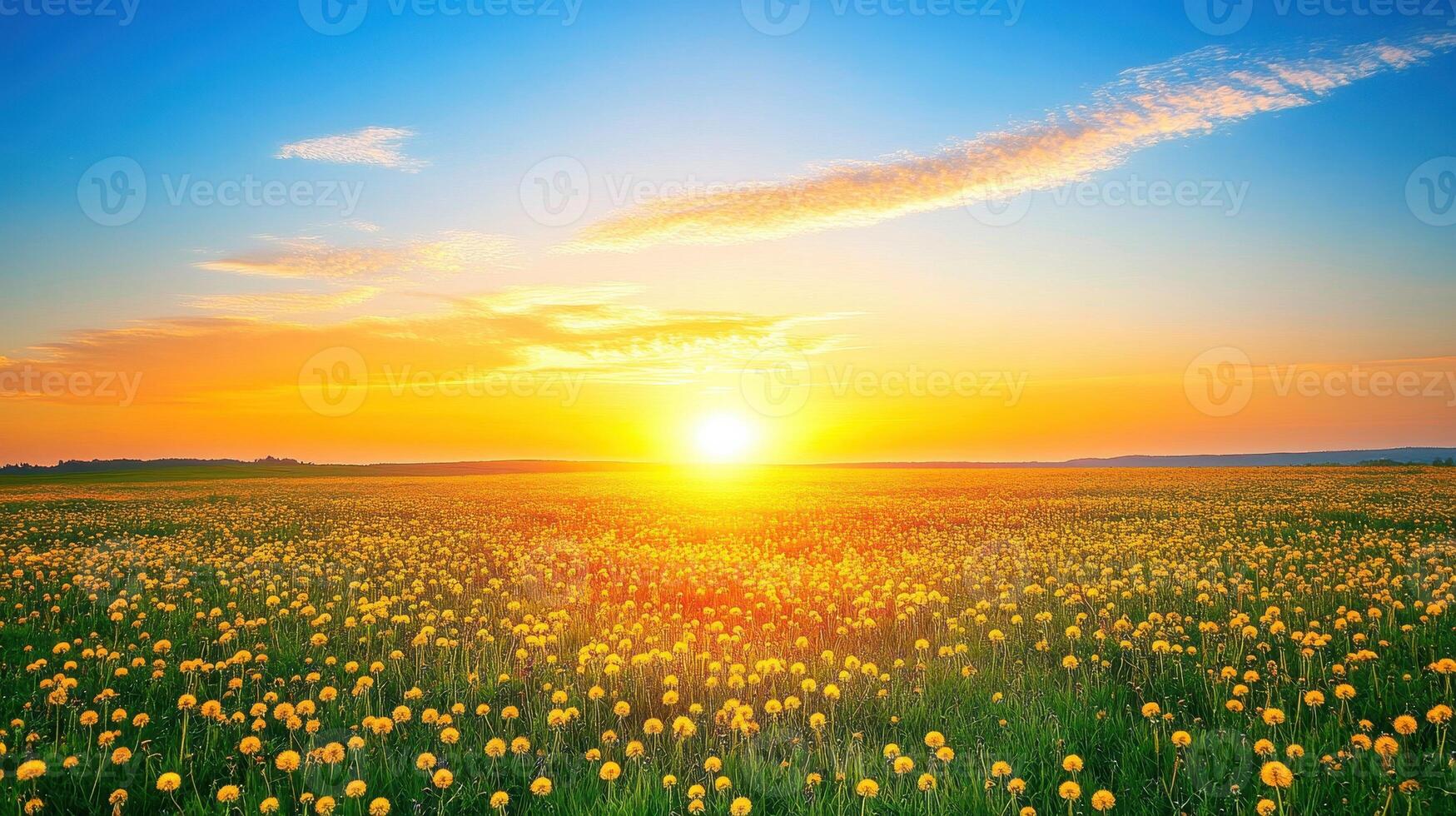 A vibrant sunset over a field of blooming yellow flowers, creating a serene landscape. photo