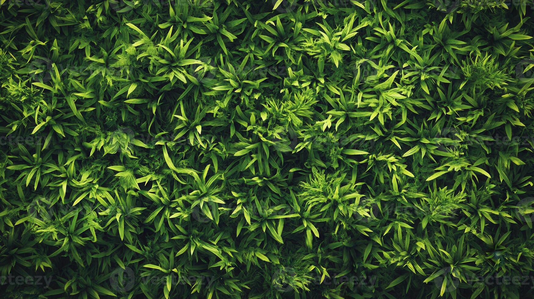 A lush, green foliage background showcasing various types of leaves. photo