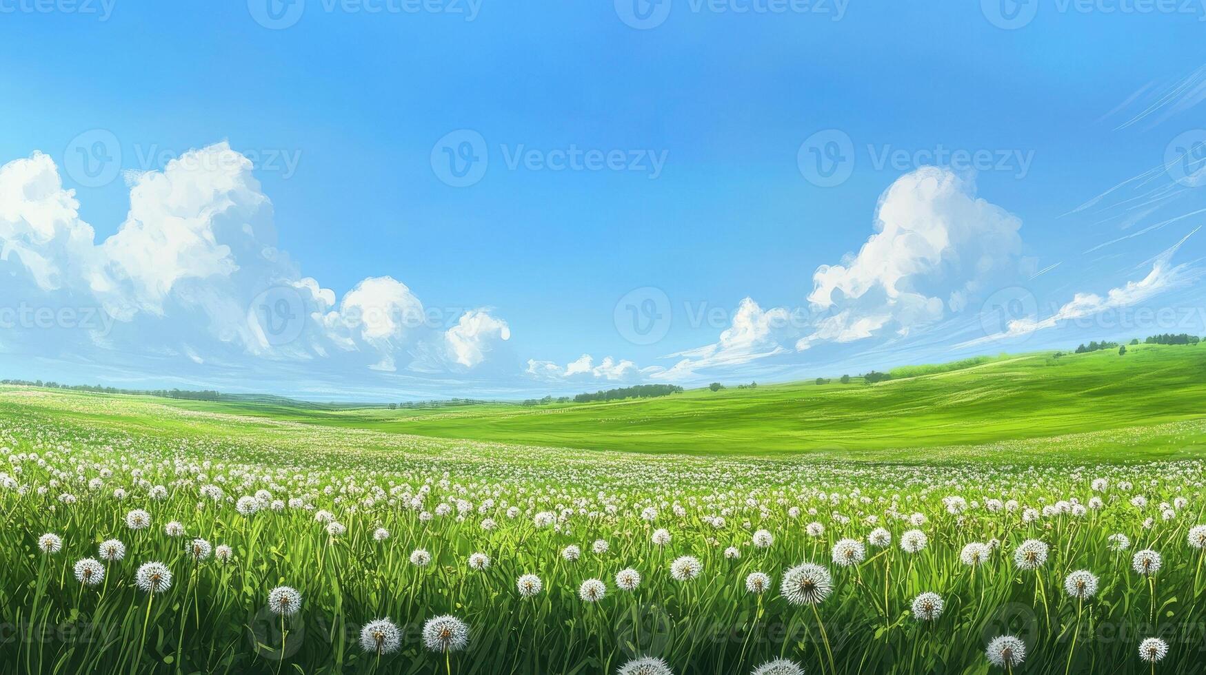 A serene landscape featuring a field of dandelions under a bright blue sky with fluffy clouds. photo