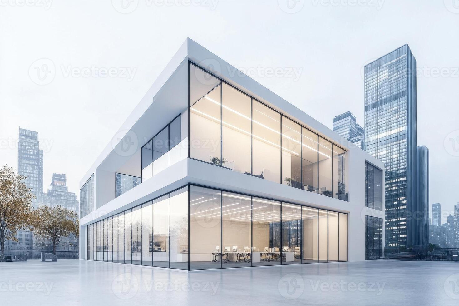 Modern architectural building with large glass windows in an urban setting. photo