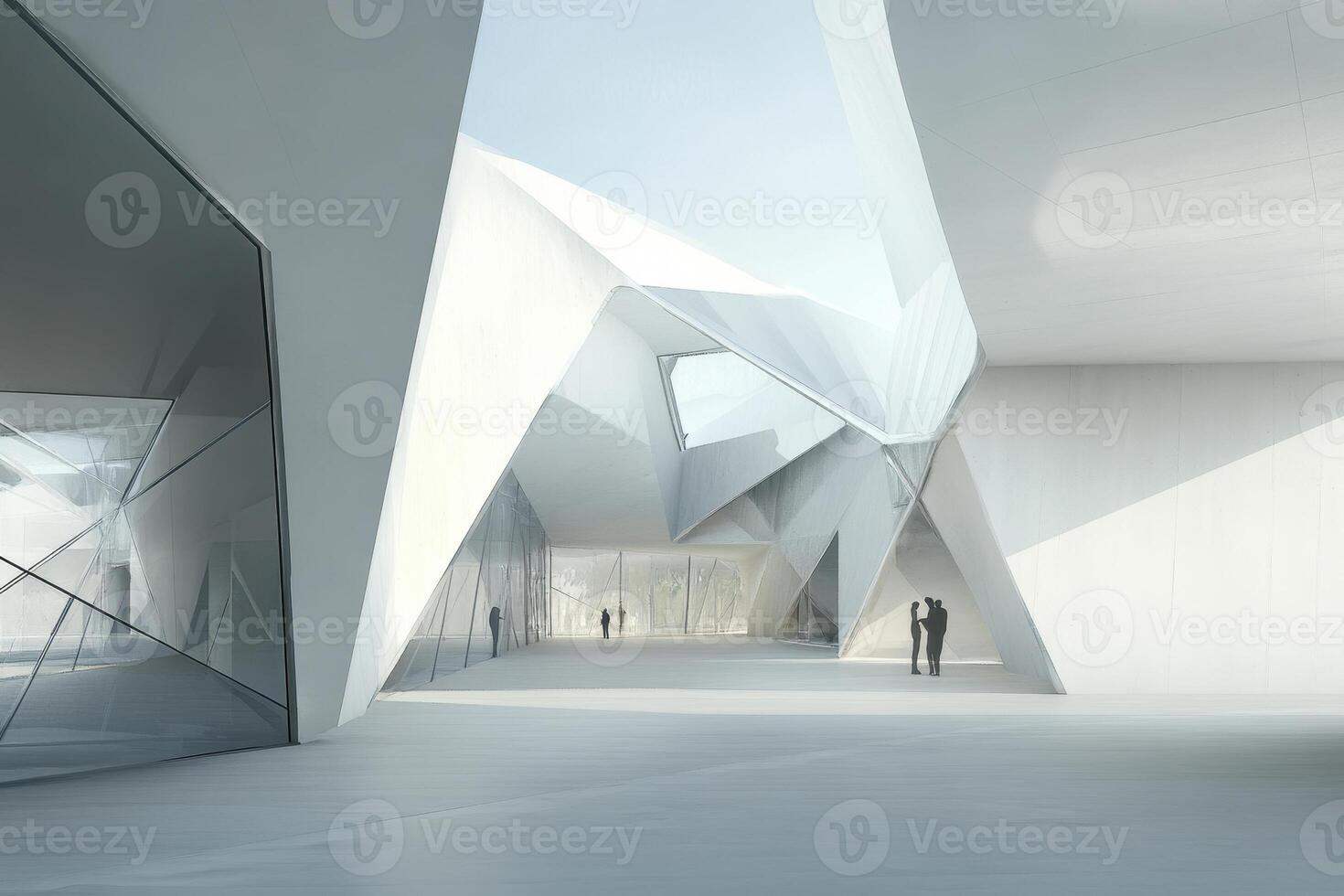 A modern architectural interior featuring angular shapes and large glass elements. photo