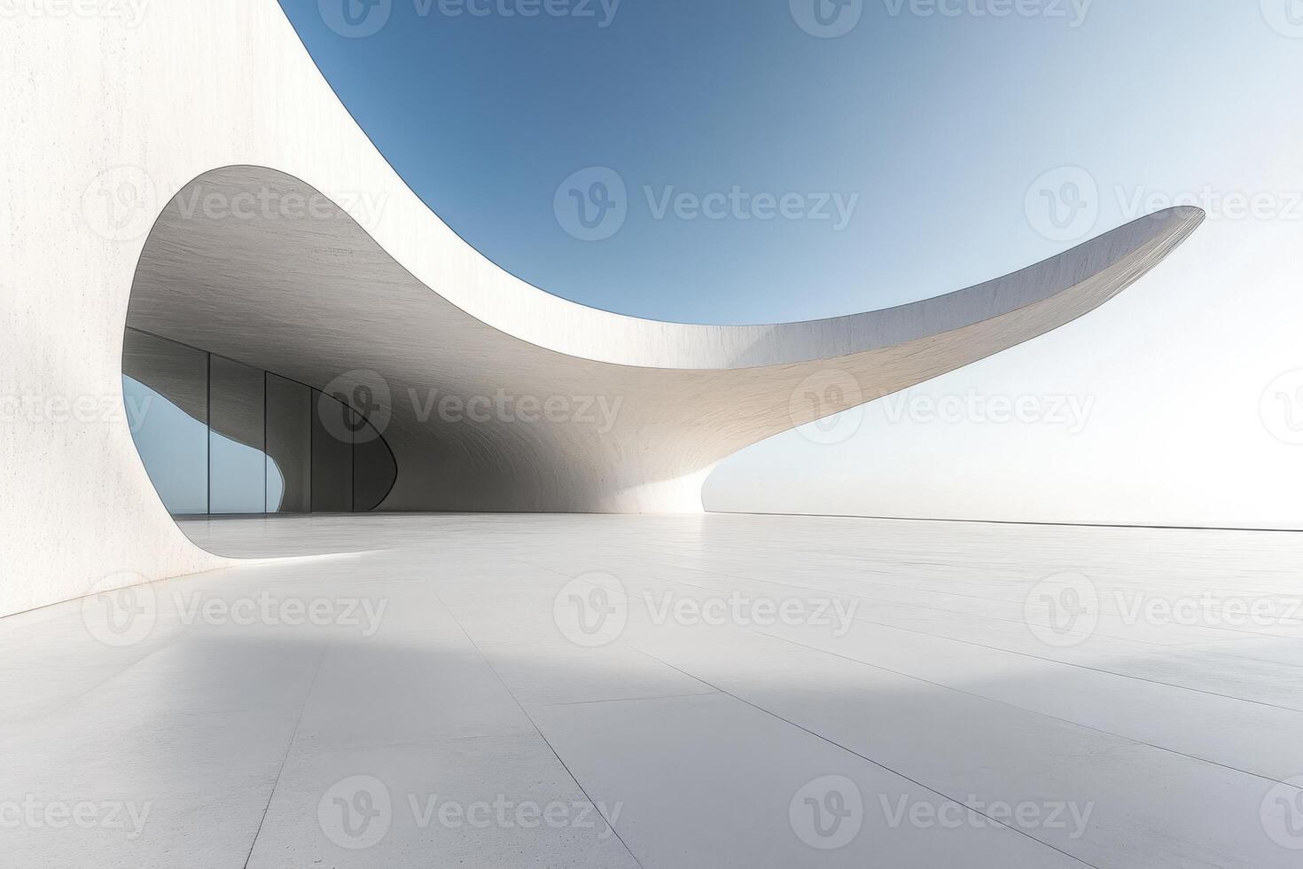 A modern architectural structure with flowing lines and a minimalist design against a clear sky. photo