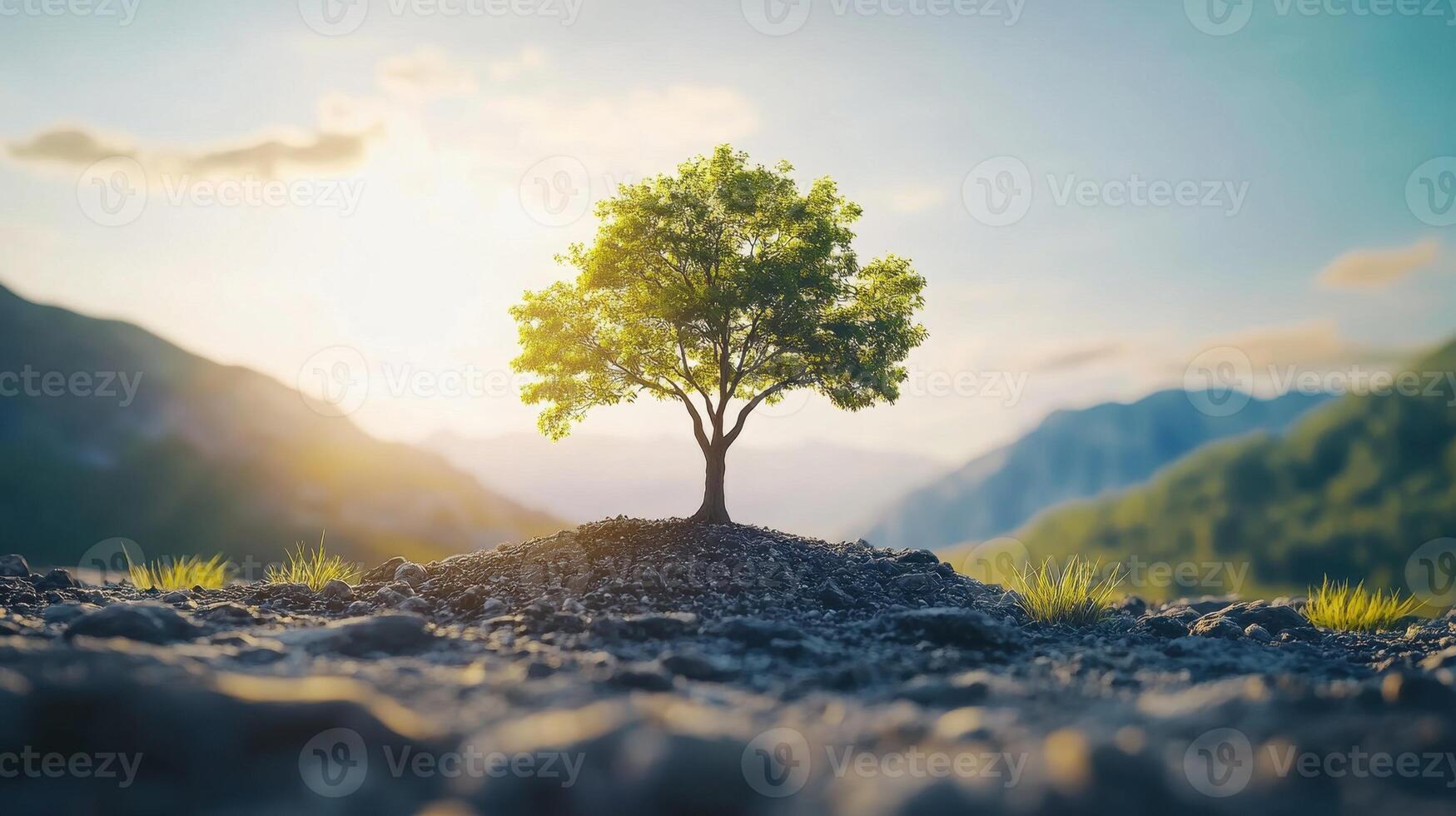 A solitary tree stands on a hill, bathed in sunlight, symbolizing resilience and nature's beauty. photo