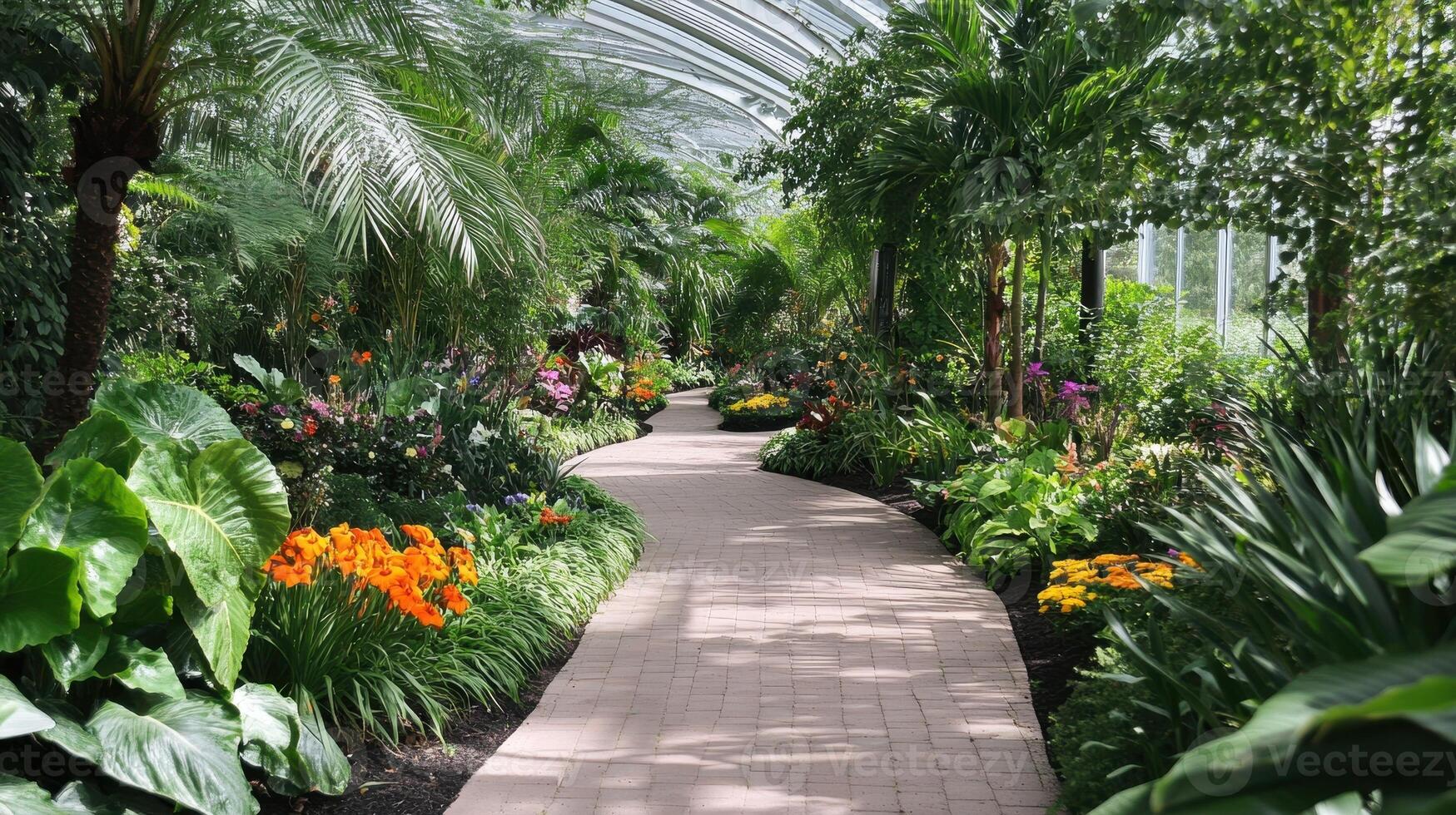 A serene garden path lined with vibrant flowers and lush greenery. photo