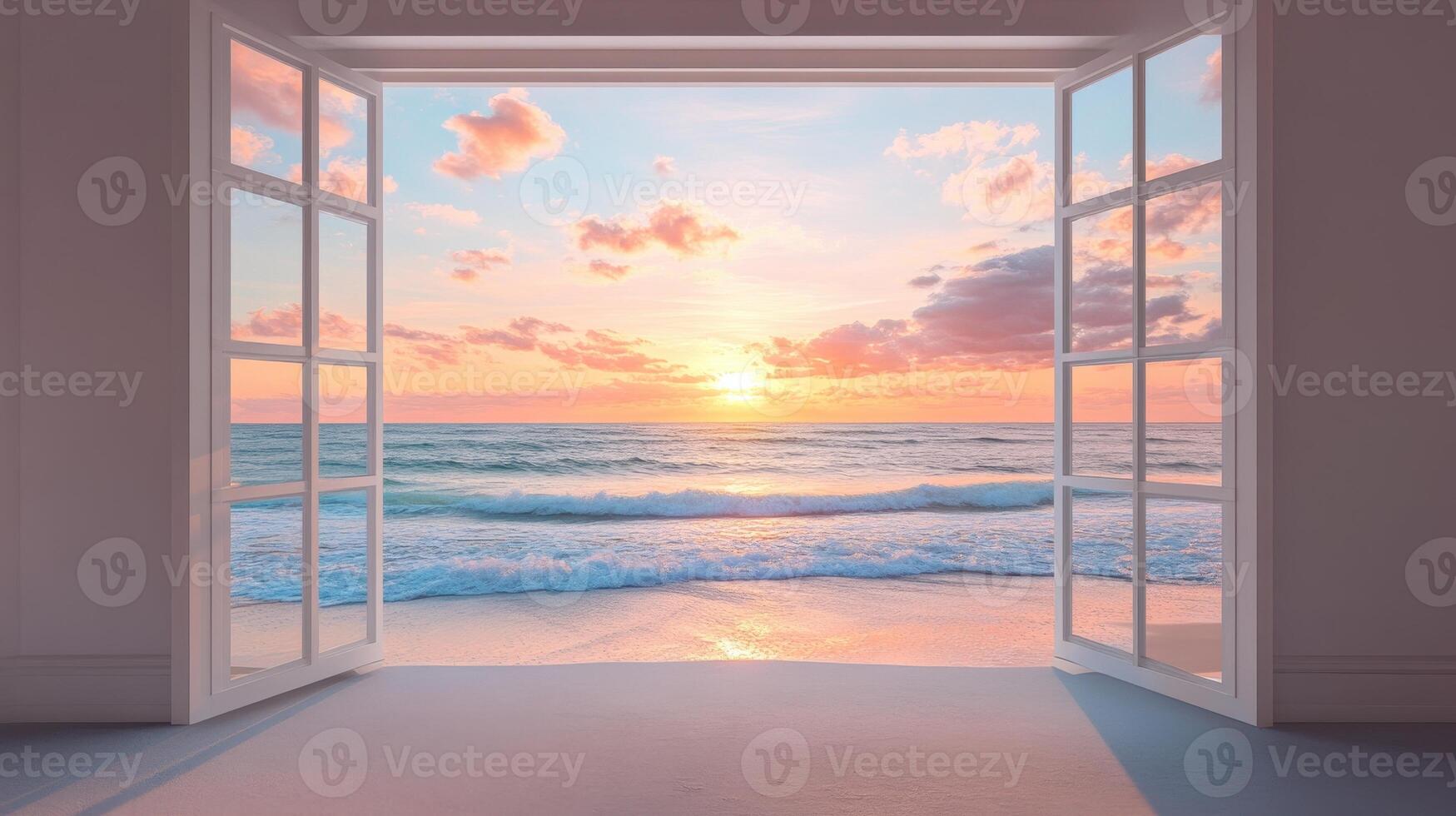 A serene view of a sunset over the ocean through open windows, evoking tranquility. photo