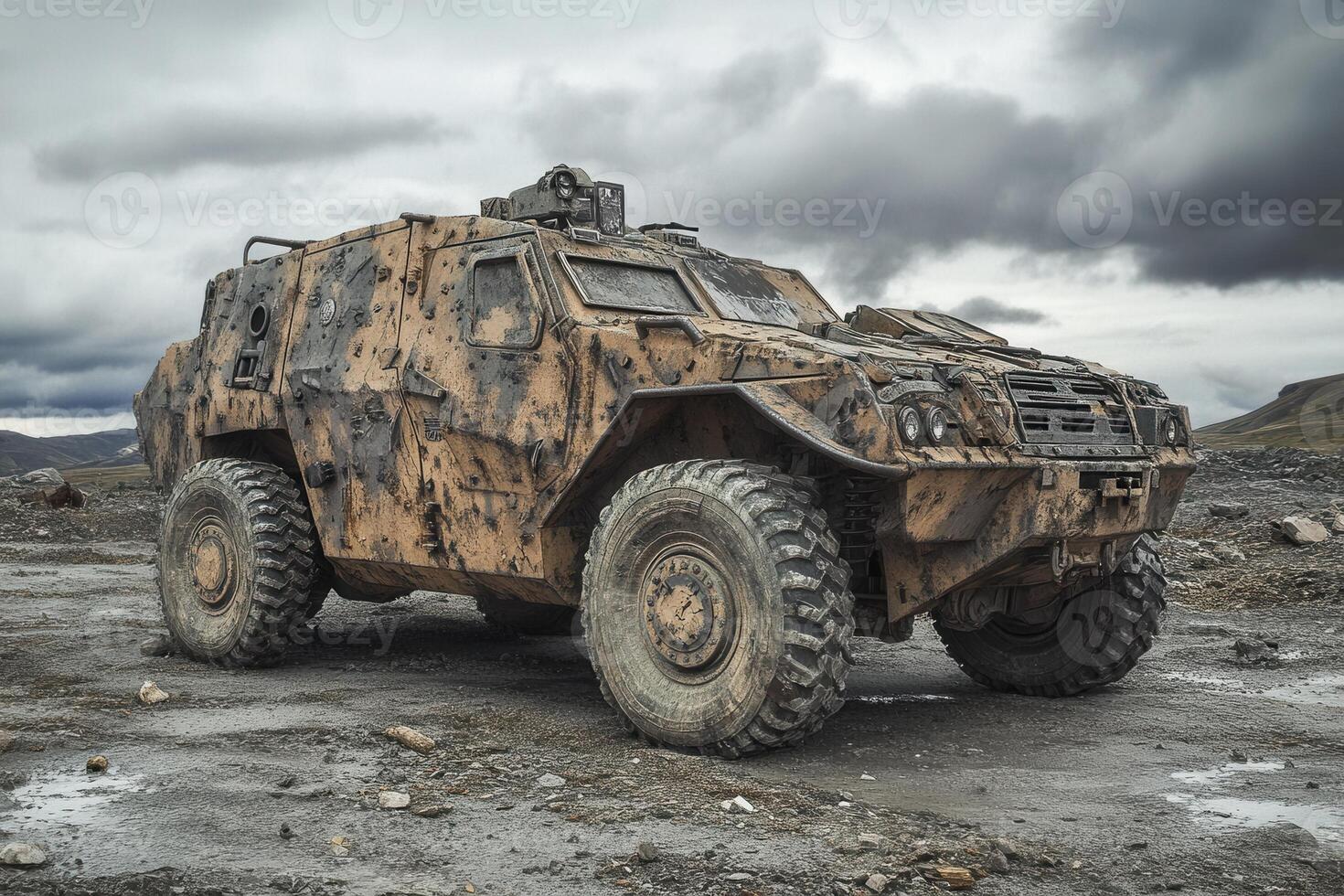 A rugged military vehicle covered in dirt, set against a cloudy landscape photo