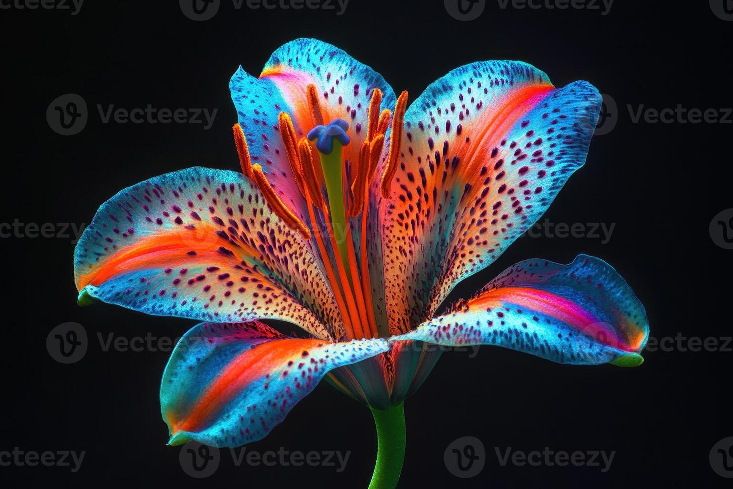 A vibrant, multicolored lily flower against a dark background, showcasing its intricate details. photo