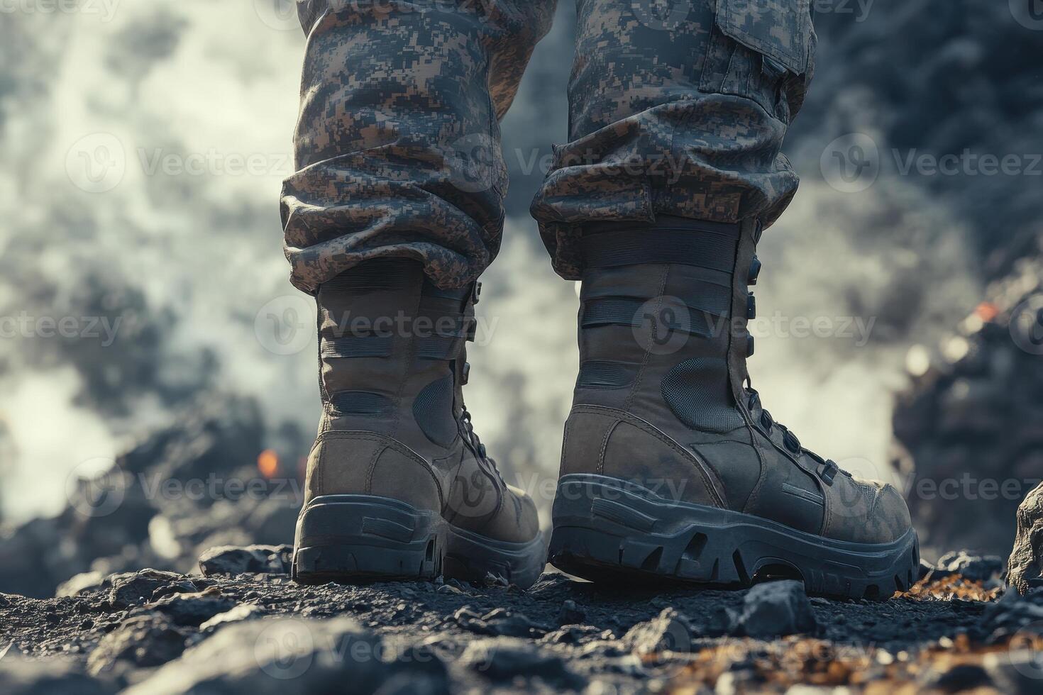 A close-up of military boots standing on rocky terrain with smoke in the background. photo