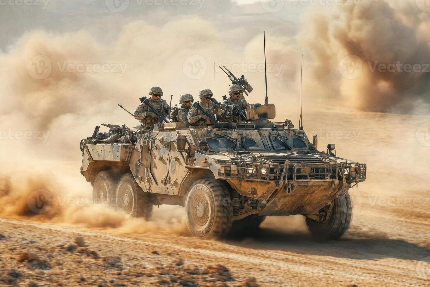 Military vehicle navigating through dusty terrain with soldiers onboard photo