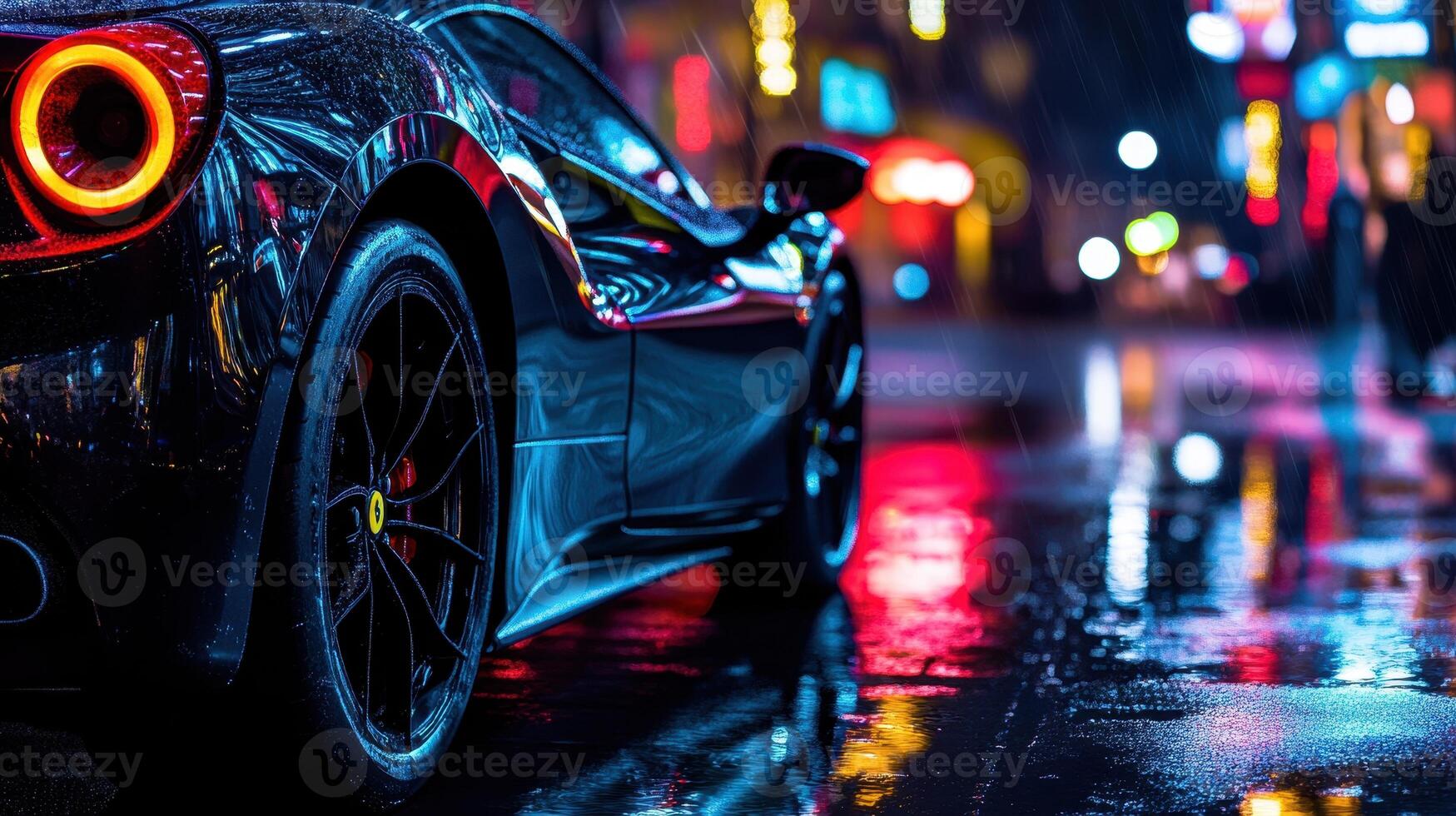 A sleek car parked on a rainy street, reflecting vibrant city lights in puddles. photo