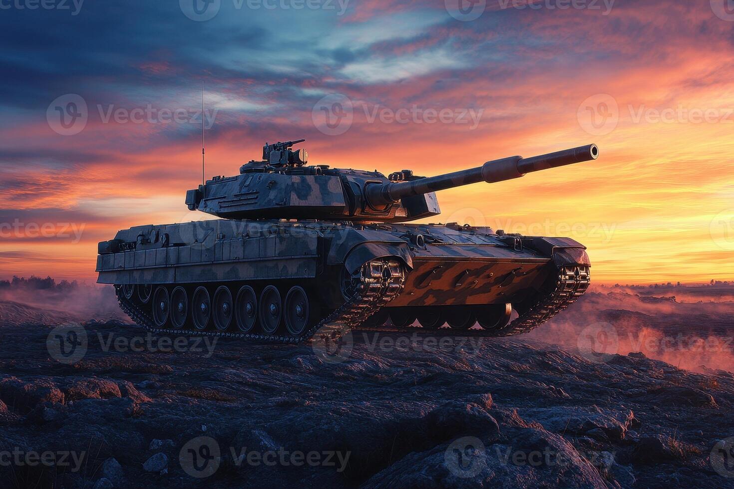 A tank positioned on rugged terrain during sunset, showcasing military power and technology. photo