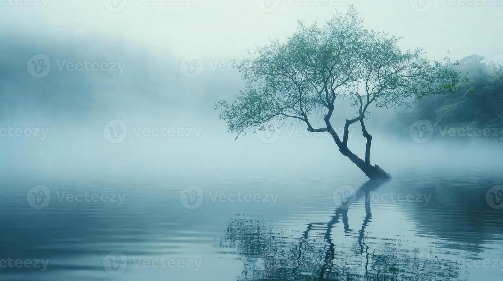 A serene landscape featuring a solitary tree in a misty lake, reflecting tranquility. photo