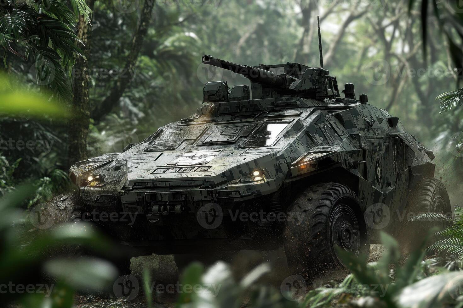 A military tank navigating through a dense jungle environment. photo