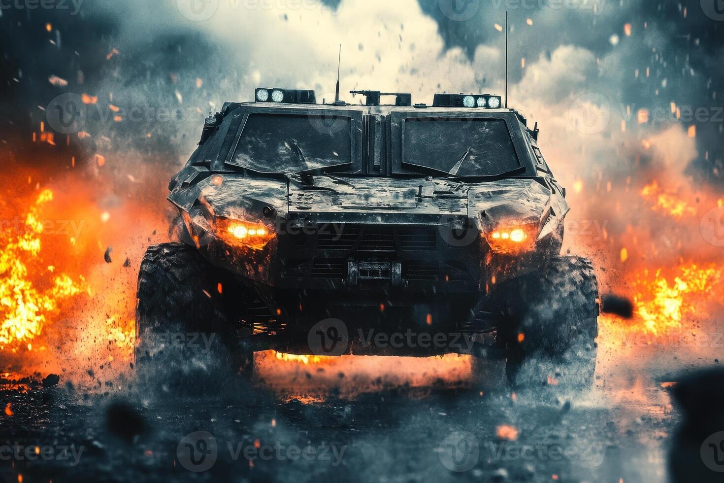 Armored vehicle amidst explosions and smoke, suggesting action and intensity. photo
