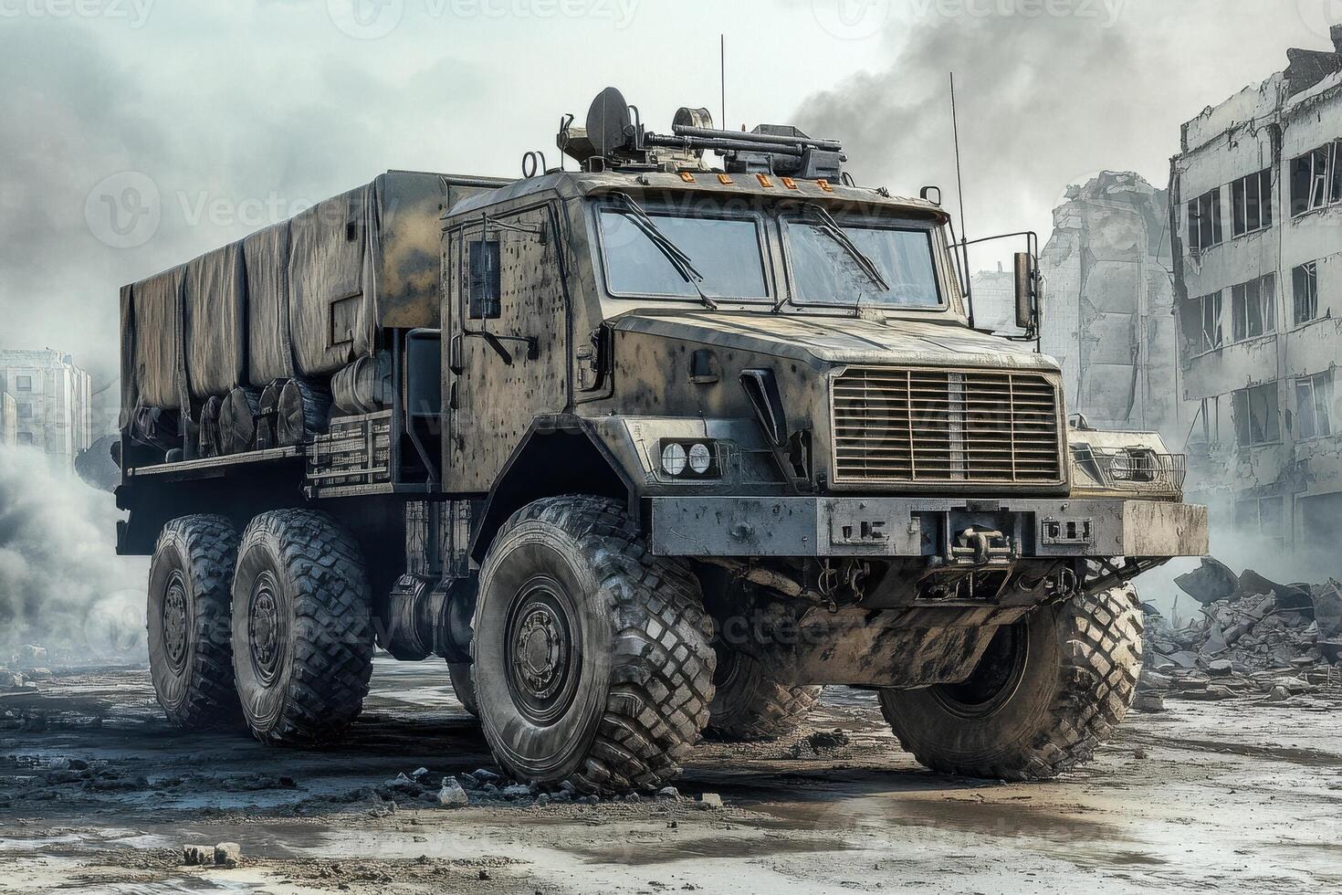 A rugged military truck in a war-torn urban environment, showcasing resilience and utility. photo