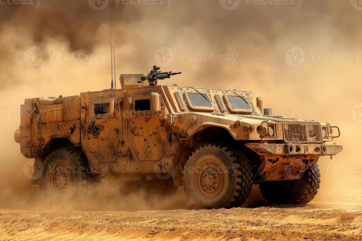 A military vehicle navigating through dusty terrain, showcasing its rugged design and purpose photo