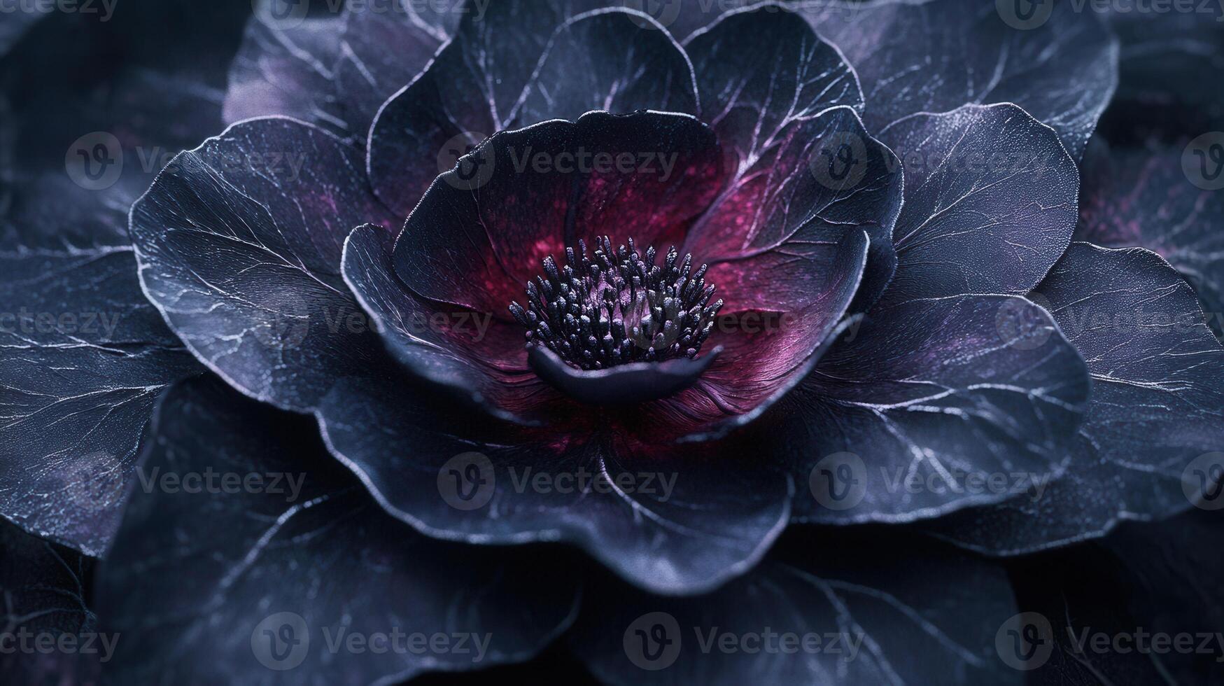 A close-up of a dark, intricate flower with deep colors and fine details photo