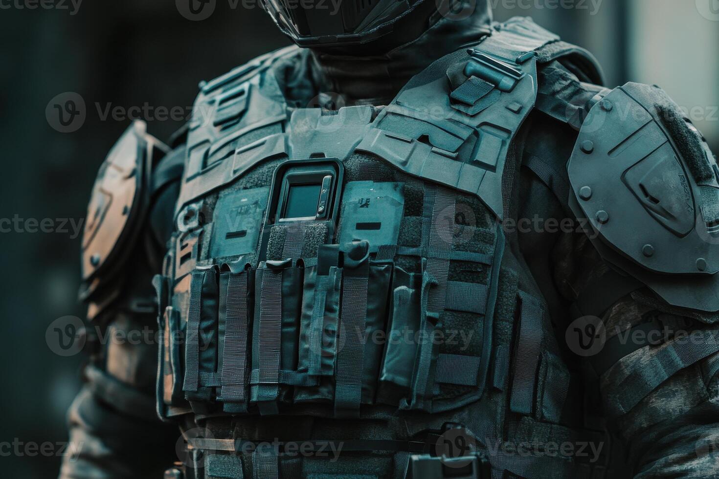 A close-up of a tactical vest worn by a soldier, featuring various equipment and pouches. photo