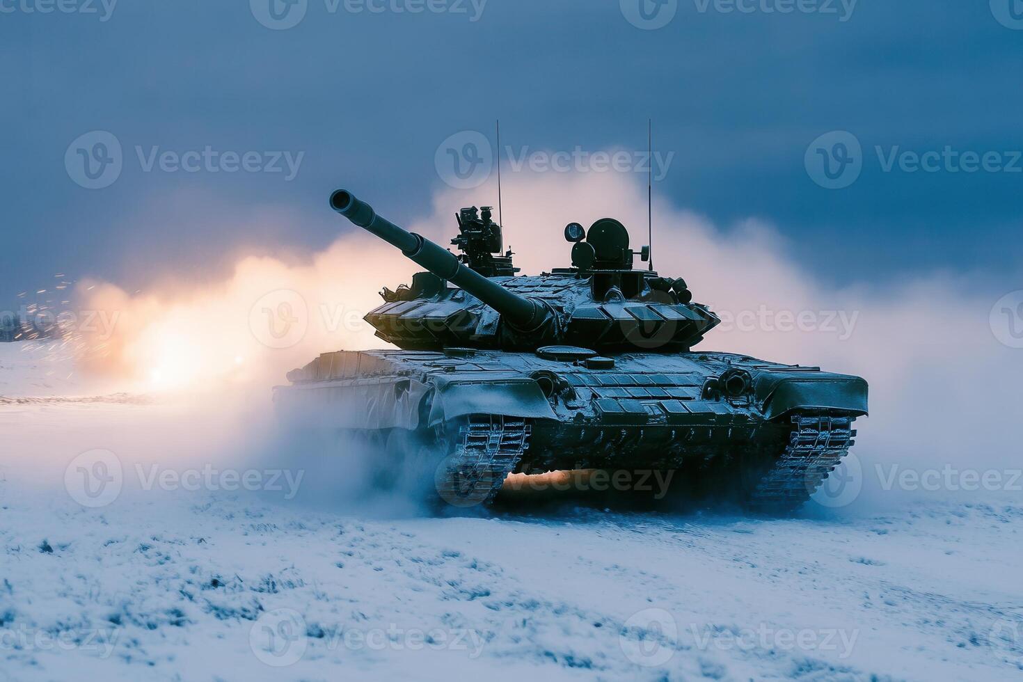 A tank maneuvers through snowy terrain with smoke and explosions in the background. photo