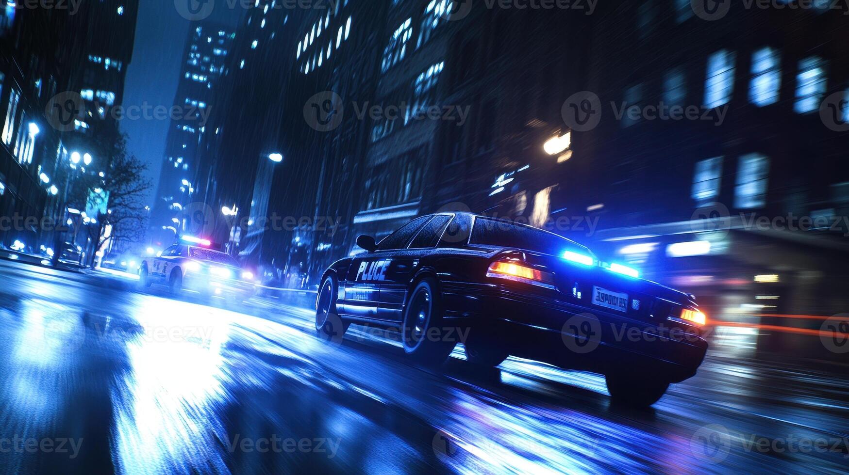 Police cars chase through a rainy urban street at night, illuminated by city lights. photo