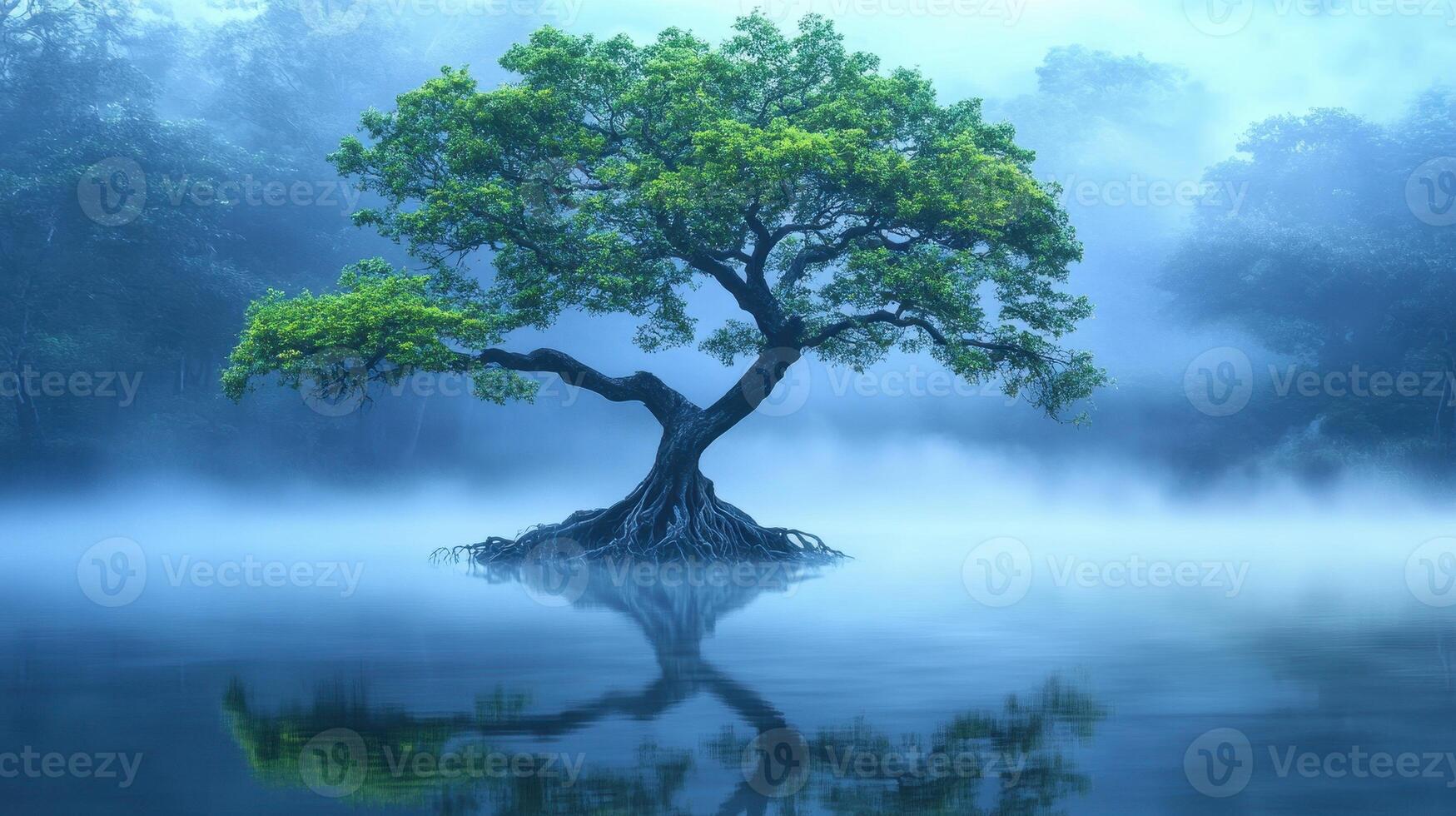 A solitary tree stands in misty water, reflecting its beauty in a serene, tranquil environment. photo