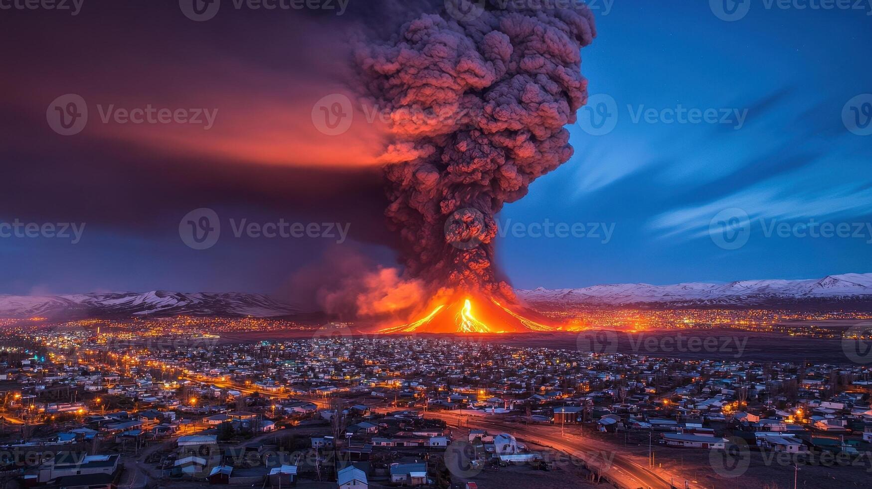 A dramatic volcanic eruption illuminates the night sky above a nearby town. photo