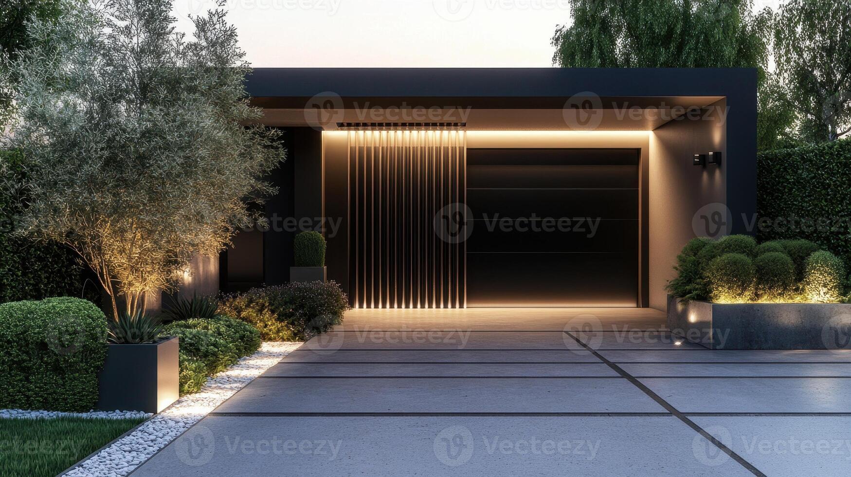 Modern entrance with sleek design, lighting, and greenery. photo