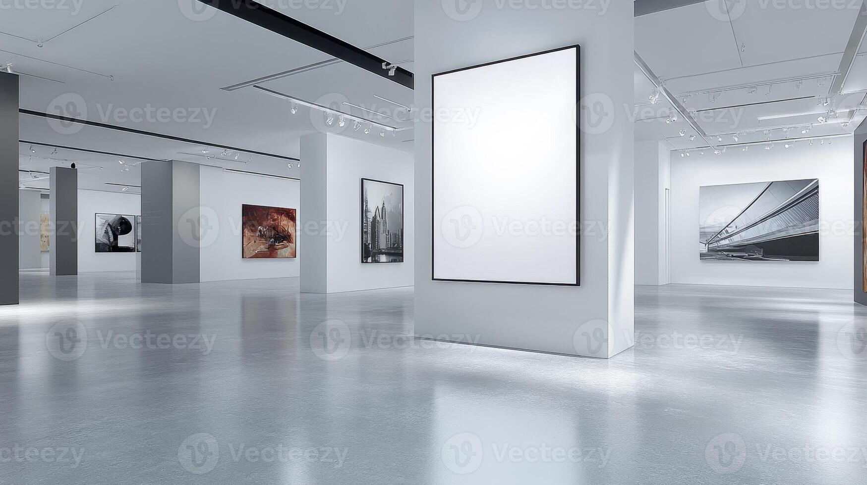 Modern art gallery showcasing various artworks on white walls and polished floors. photo