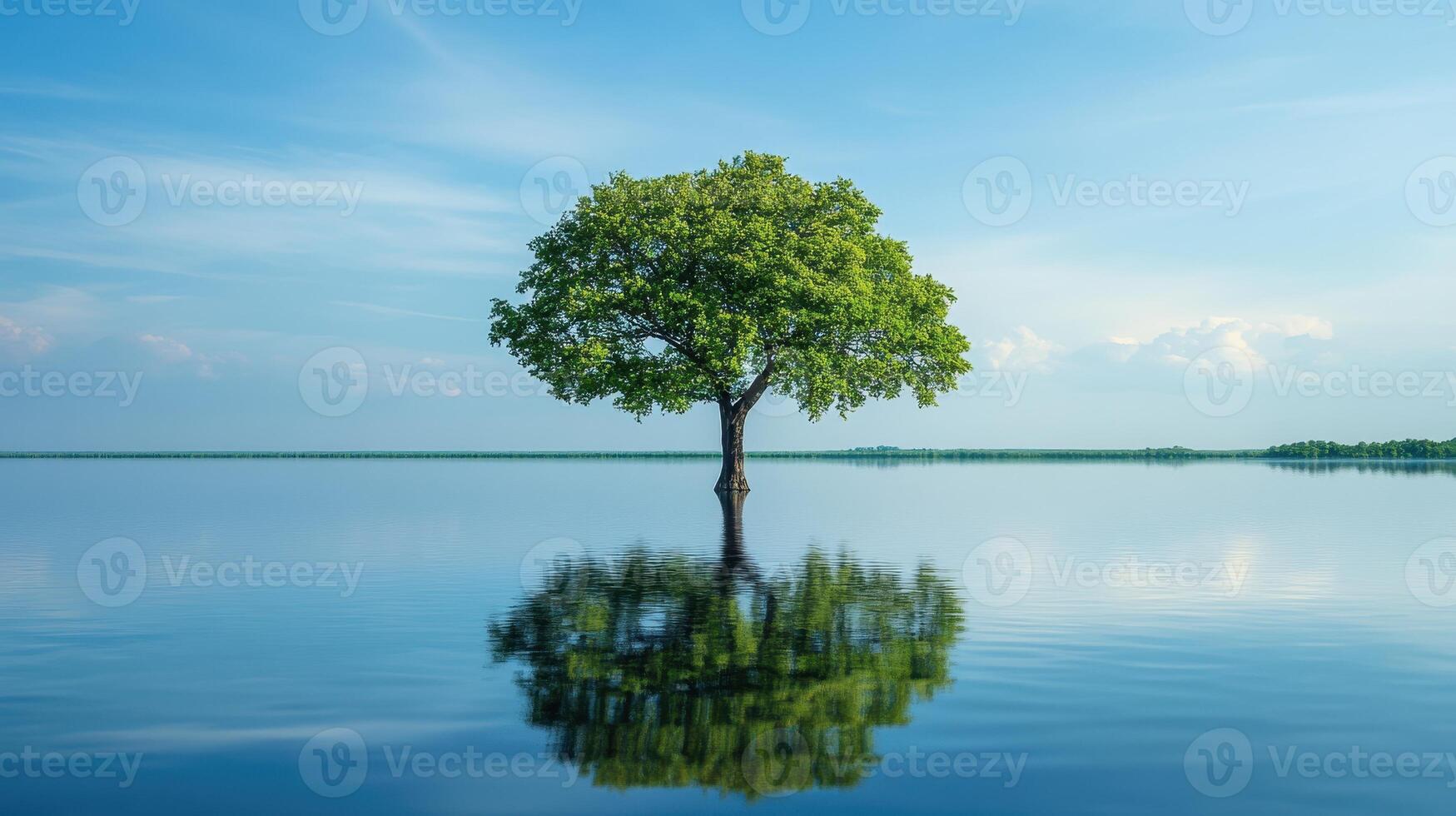 A solitary tree stands in calm water, reflecting its image under a clear blue sky. photo