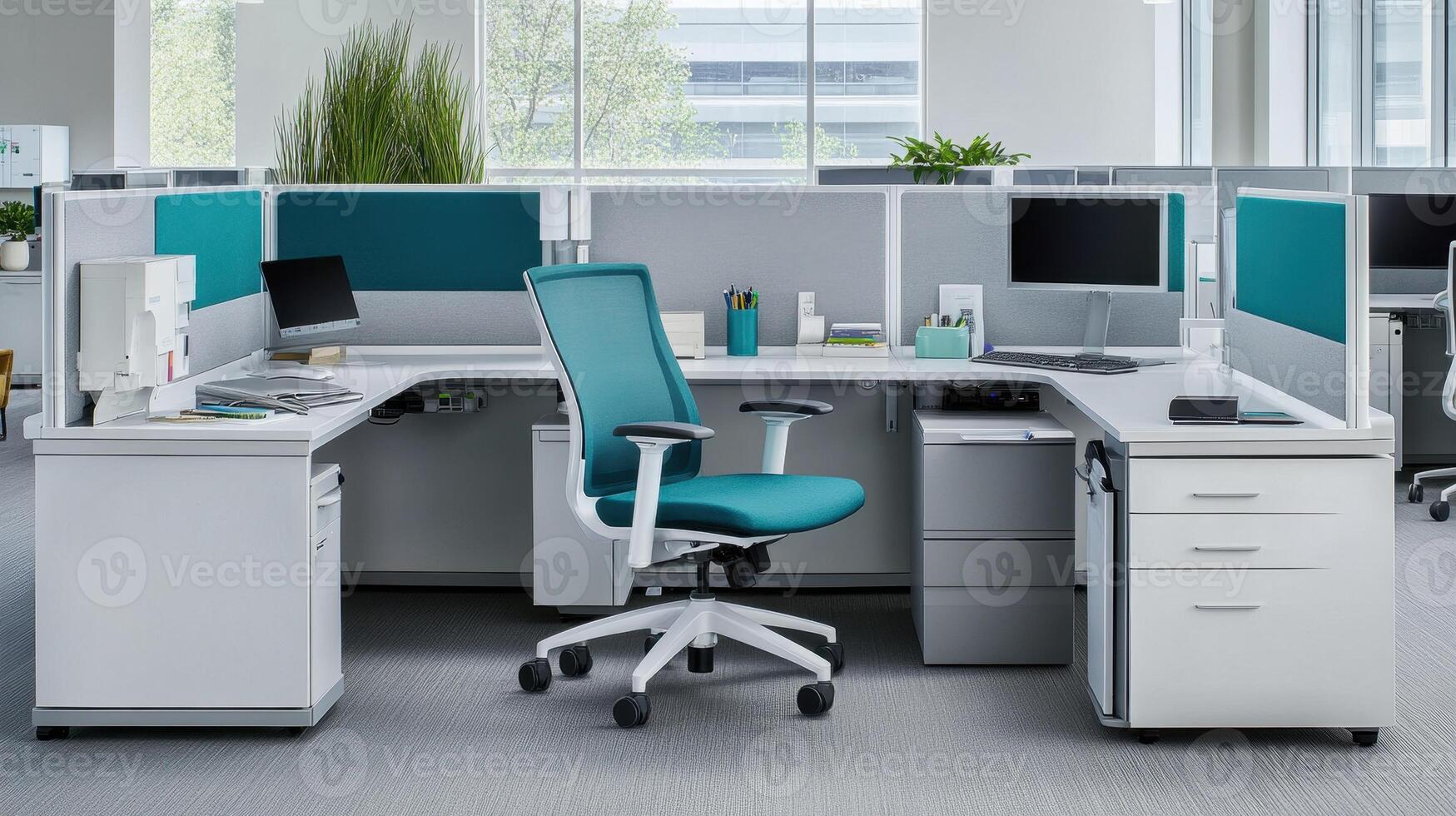 Modern office workspace with ergonomic chair and organized desk setup. photo