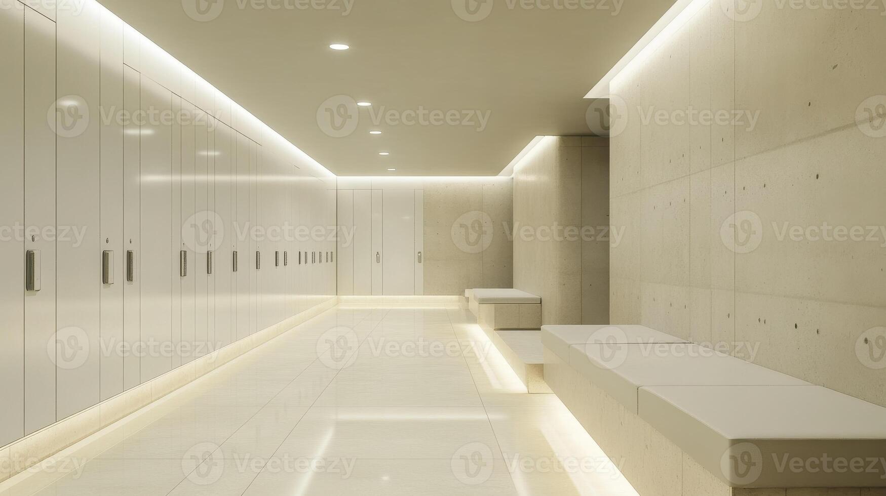 A modern hallway featuring lockers and benches, designed for a functional space. photo