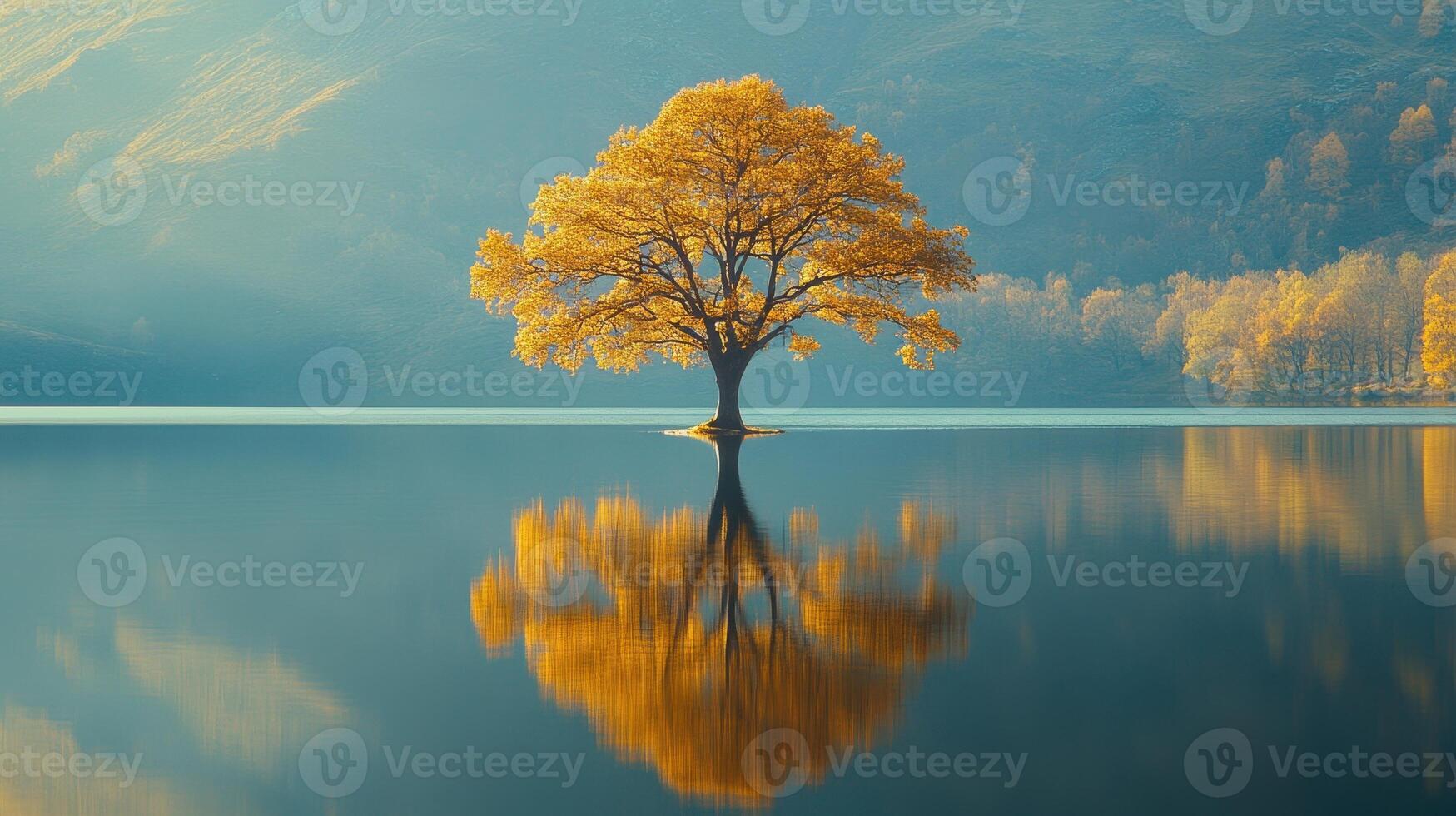 A solitary tree with golden leaves reflects in calm water, surrounded by serene mountains. photo