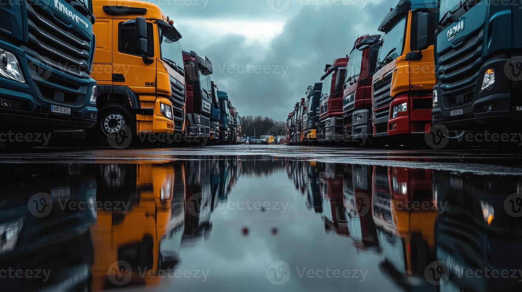 A row of colorful trucks reflecting in a puddle under a cloudy sky. photo