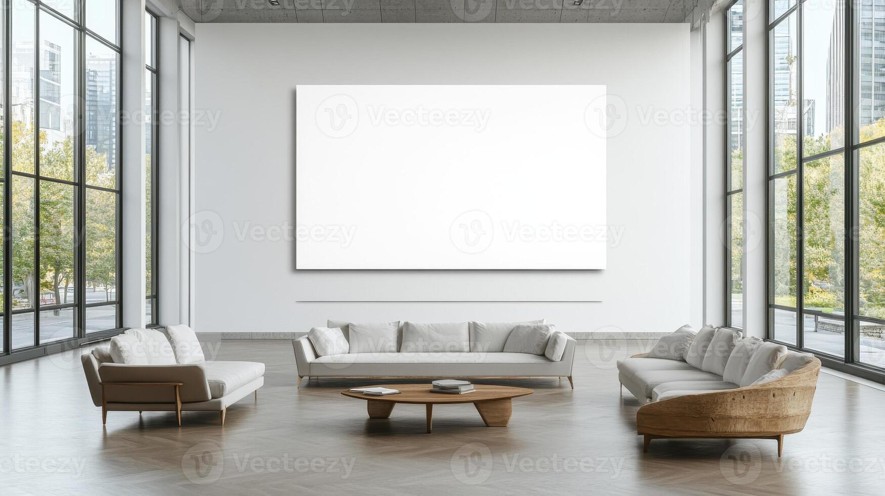 Modern living room with large blank canvas, emphasizing minimalism and space. photo