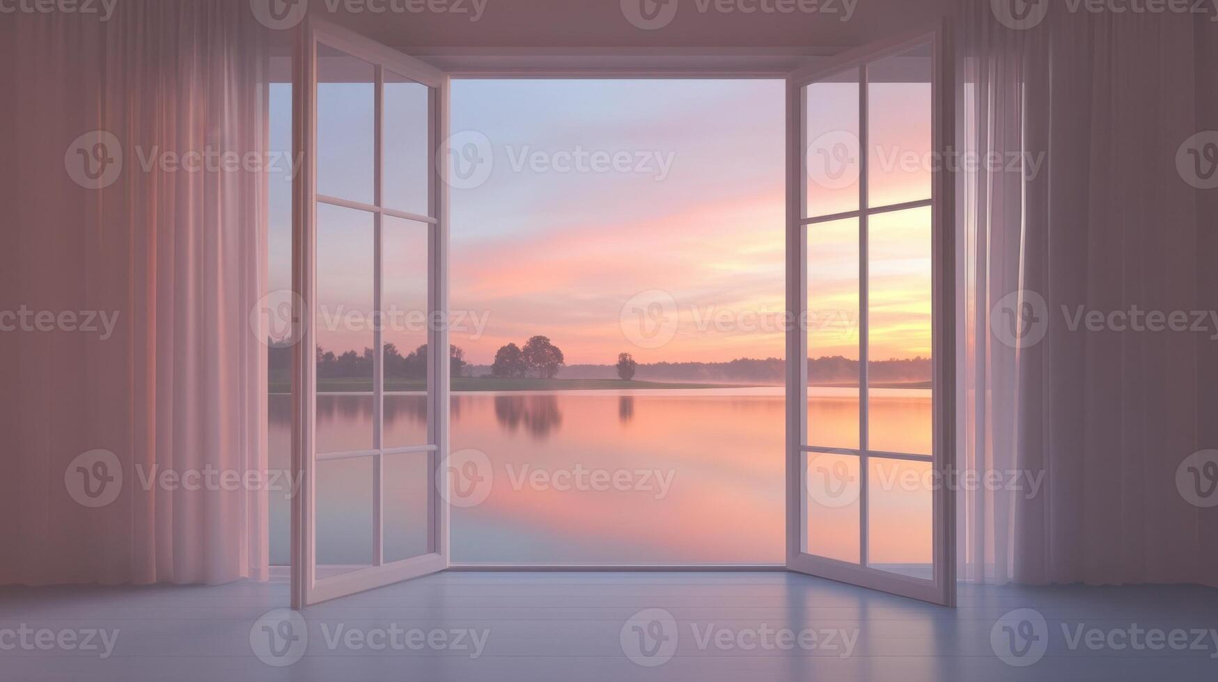 A serene view of a lake at sunset through open windows with flowing curtains. photo