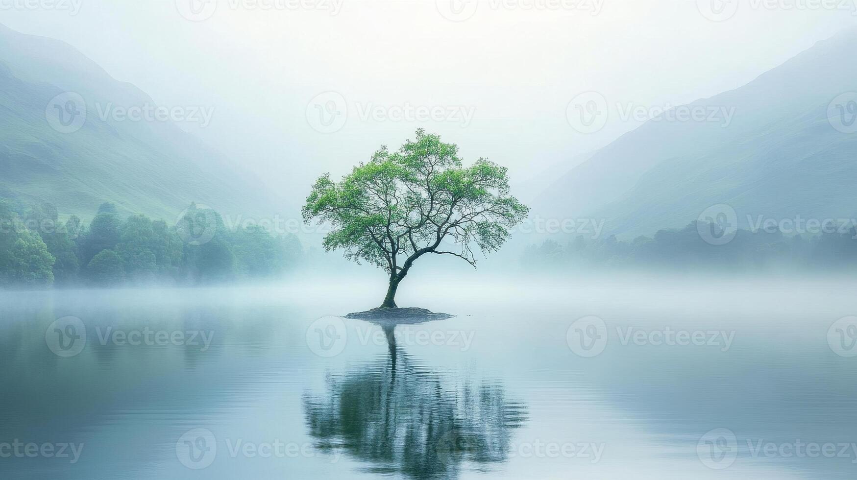 A serene misty landscape featuring a solitary tree reflecting in calm waters. photo