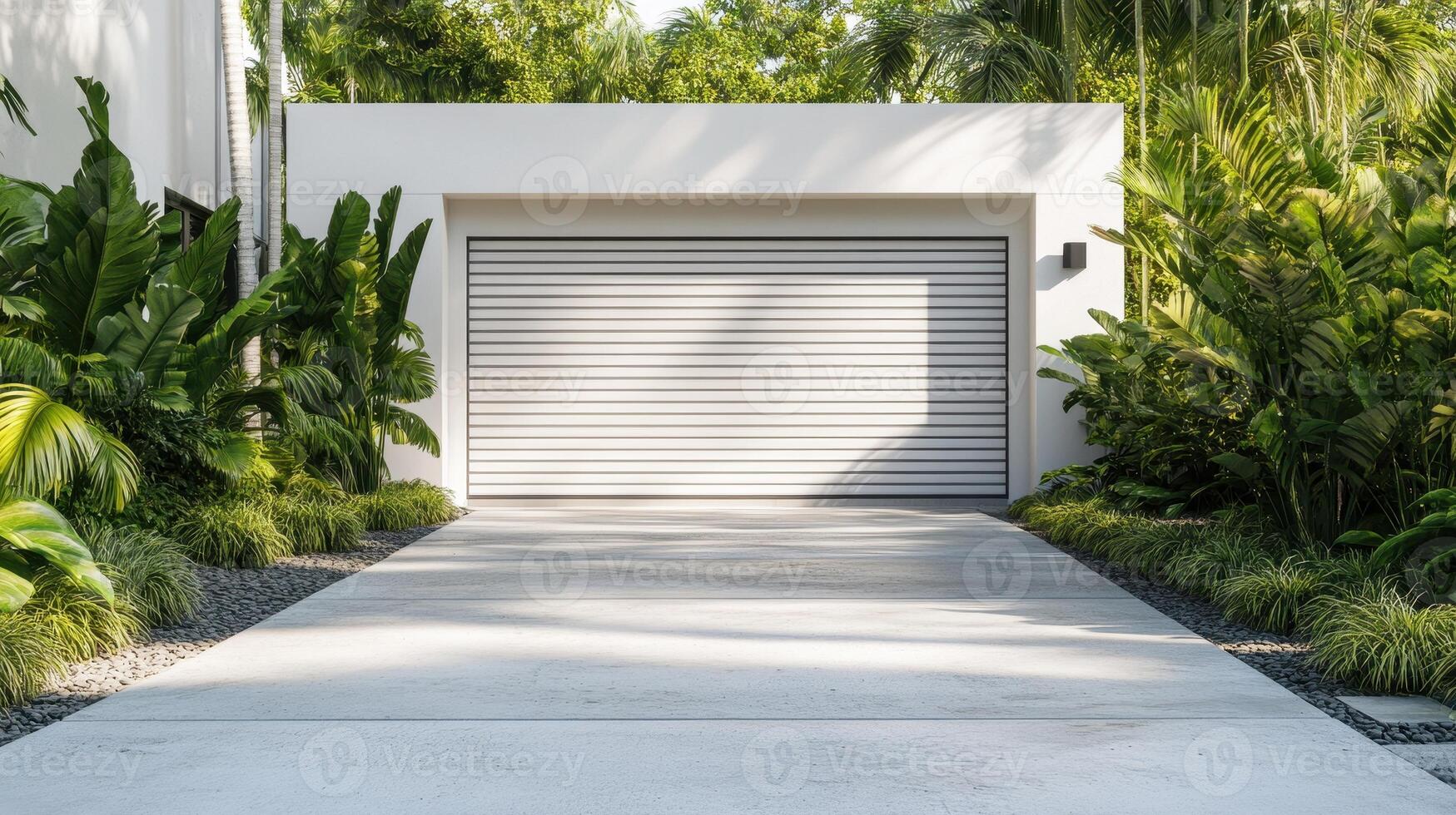 A modern garage with a sleek door surrounded by lush greenery and a concrete driveway. photo