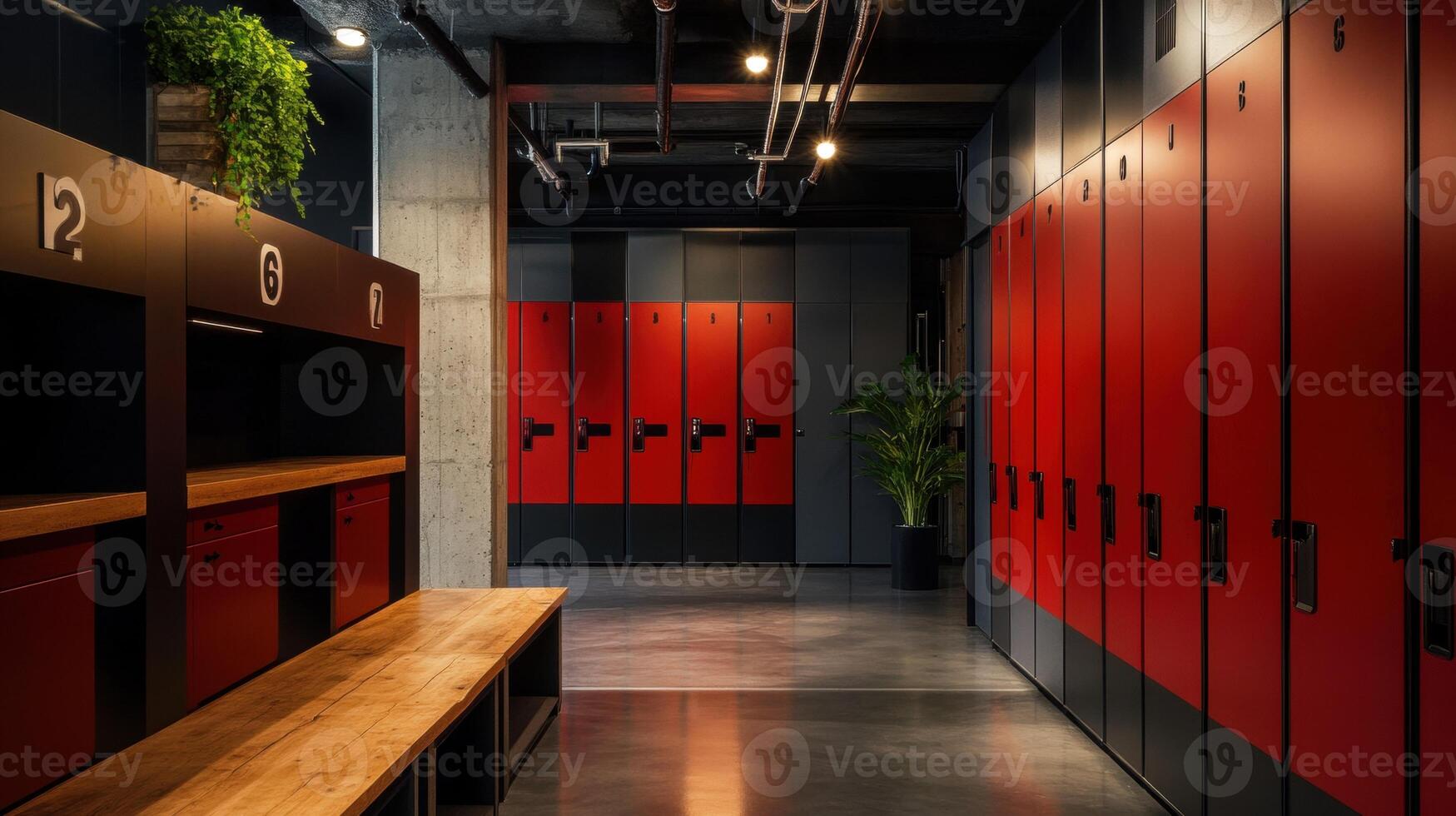 Modern locker room with red lockers and wooden bench, designed for storage and organization. photo