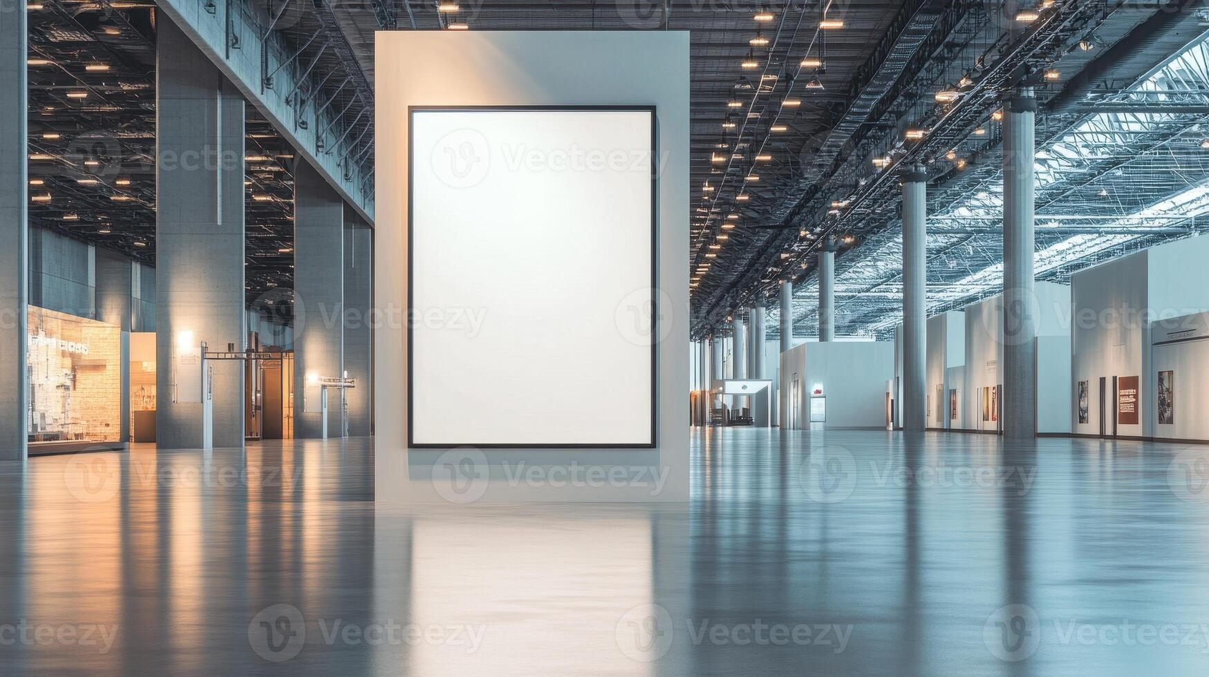A spacious art gallery featuring a large blank canvas on display. photo